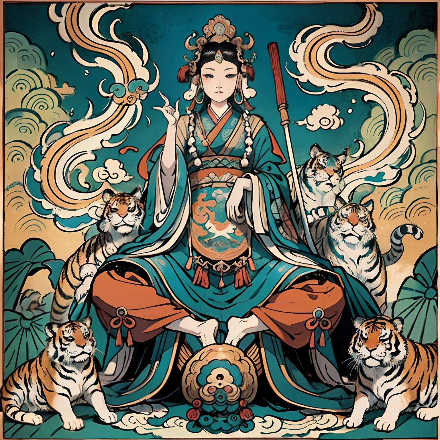 an ancient Chinese goddess, guanyin of the southern seas, Guanyin, Inspired by India, Avalokiteshvara rides a tiger，,Serene expression,shui mo hua,Buddha,Buddhist,Lotus,Chinese painting style,Thangka style
