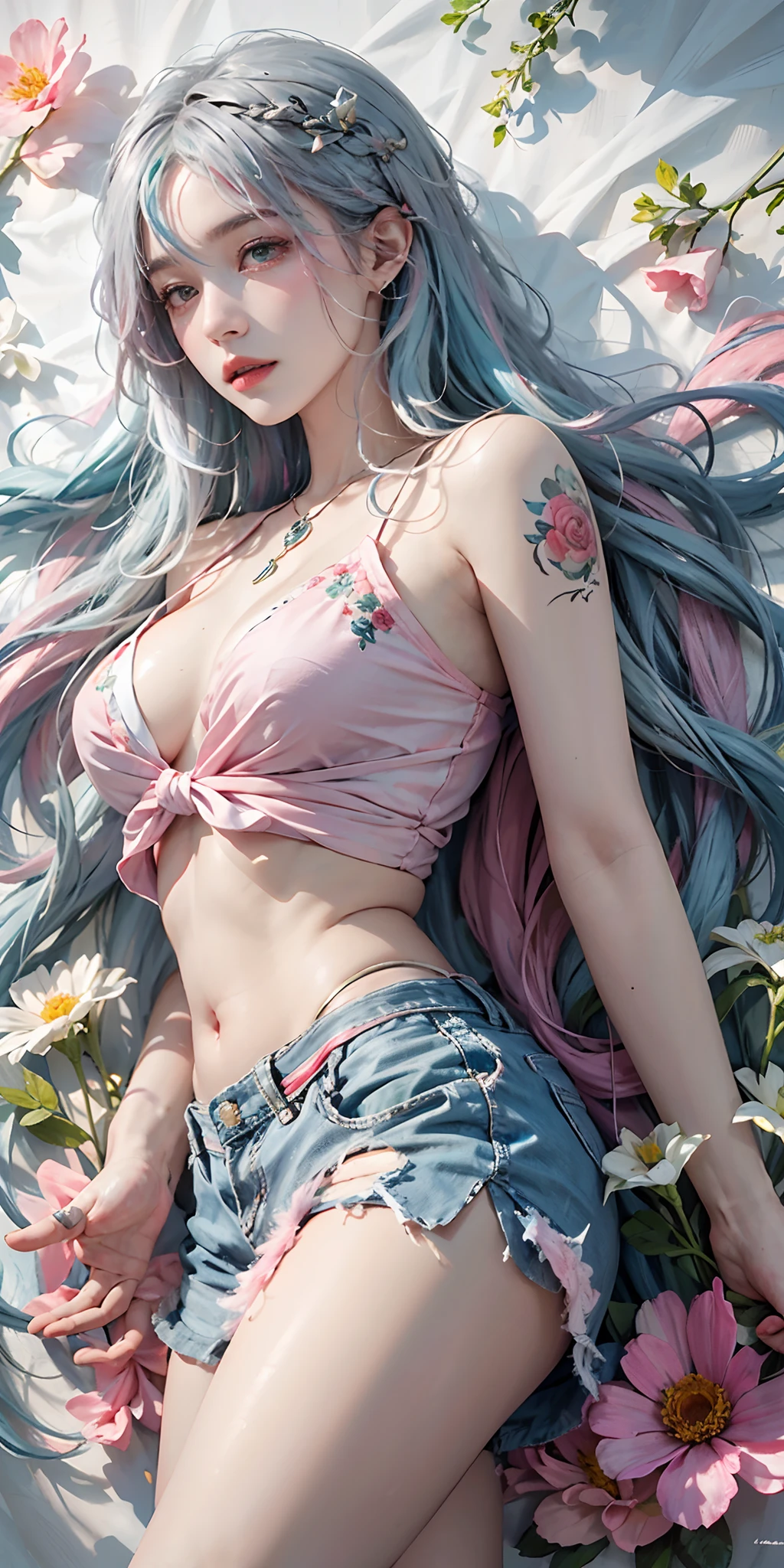 photorealistic, high resolution, soft light,1women, solo, hips up, shining skin, (detailed face),tattoo, jewelry, (rainbow color Hair,colorful hair,half blue and half pink hair:1.2), white_skirt, high-waist_shorts, outfit ,roses,(dynamic angle:1.1),vivid,Soft and warm color palette, delicate brushwork, evocative use of light and shadow, wide shot,subtle details in the wilting flowers,high contrast,color contrast,