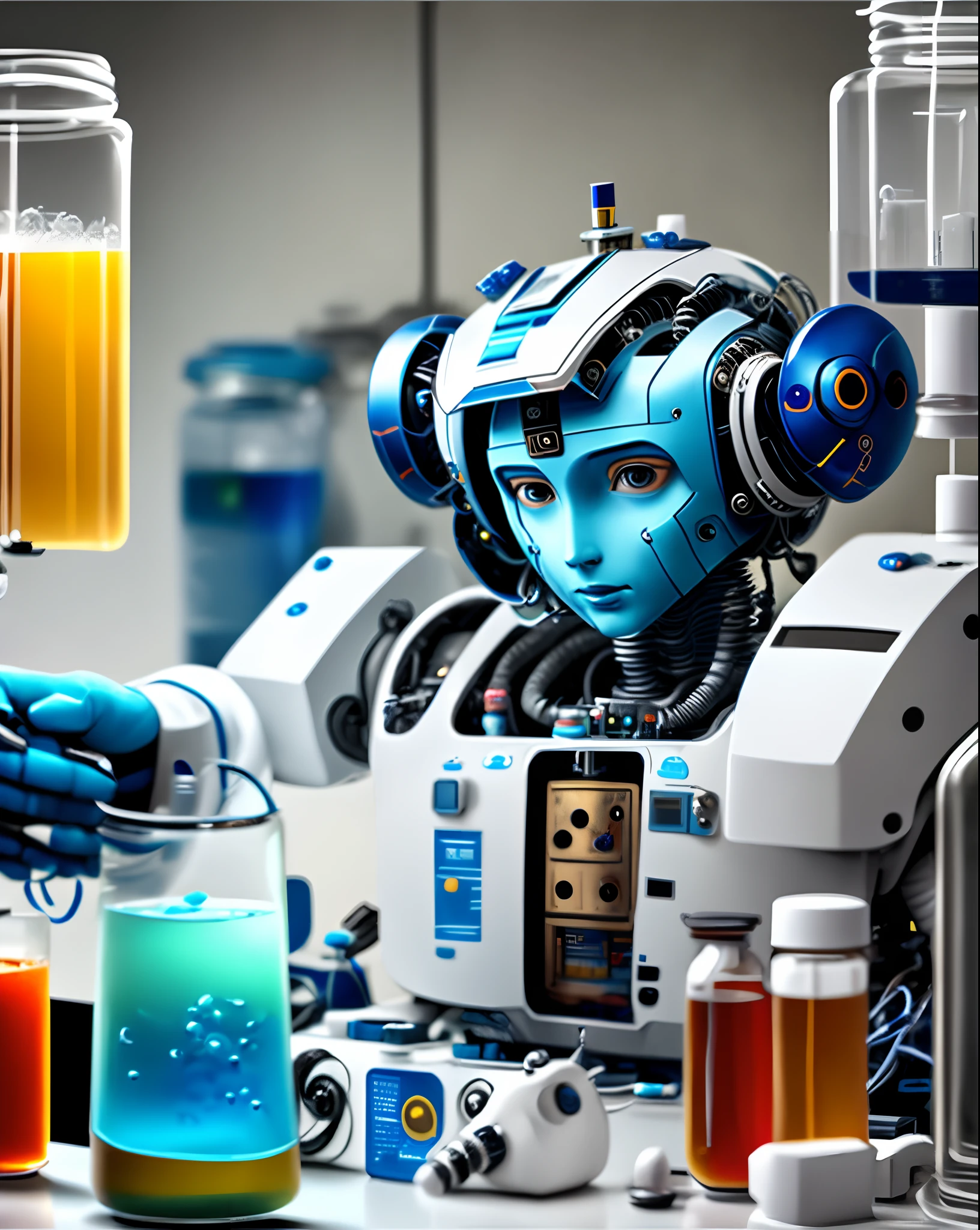 A human was transformed into a blue-and-white humanoid robot in the laboratory