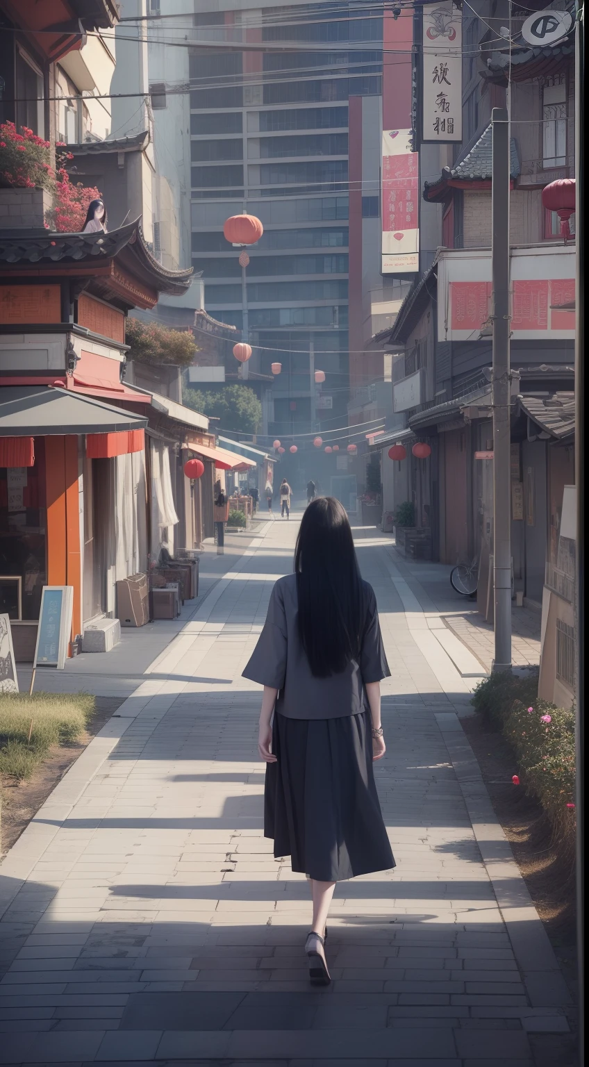 Woman with long black hair walking on a new Chinese modern street, realistic art style, Guviz-style artwork, style of surrealism, Photorealistic art style, art of photography, Photorealistic detail and light and shadow,super detailing,8K