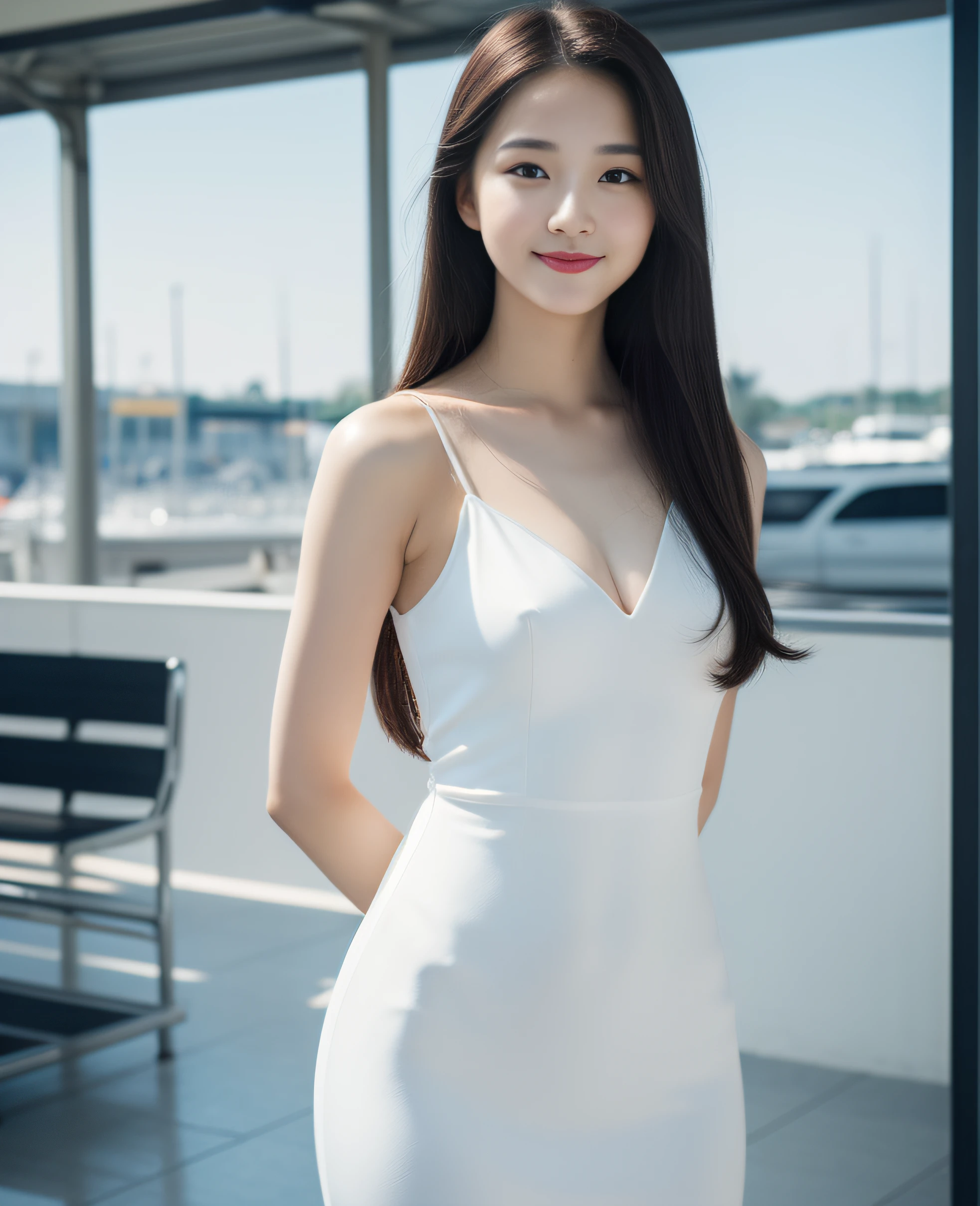 ((best quality, 8K, masterpiece: 1.3)), beautiful girl, pure, melon face, kind and cute, sweet smile, pure desire, slender body, (front), (tilted head), ((looking at camera) ), wearing a white dress, long black silky hair, long flowing shoulders, round black big eyes, clear big eyes, moist red lips, sweet, standing, ferry terminal background, ((( (whole body)))),