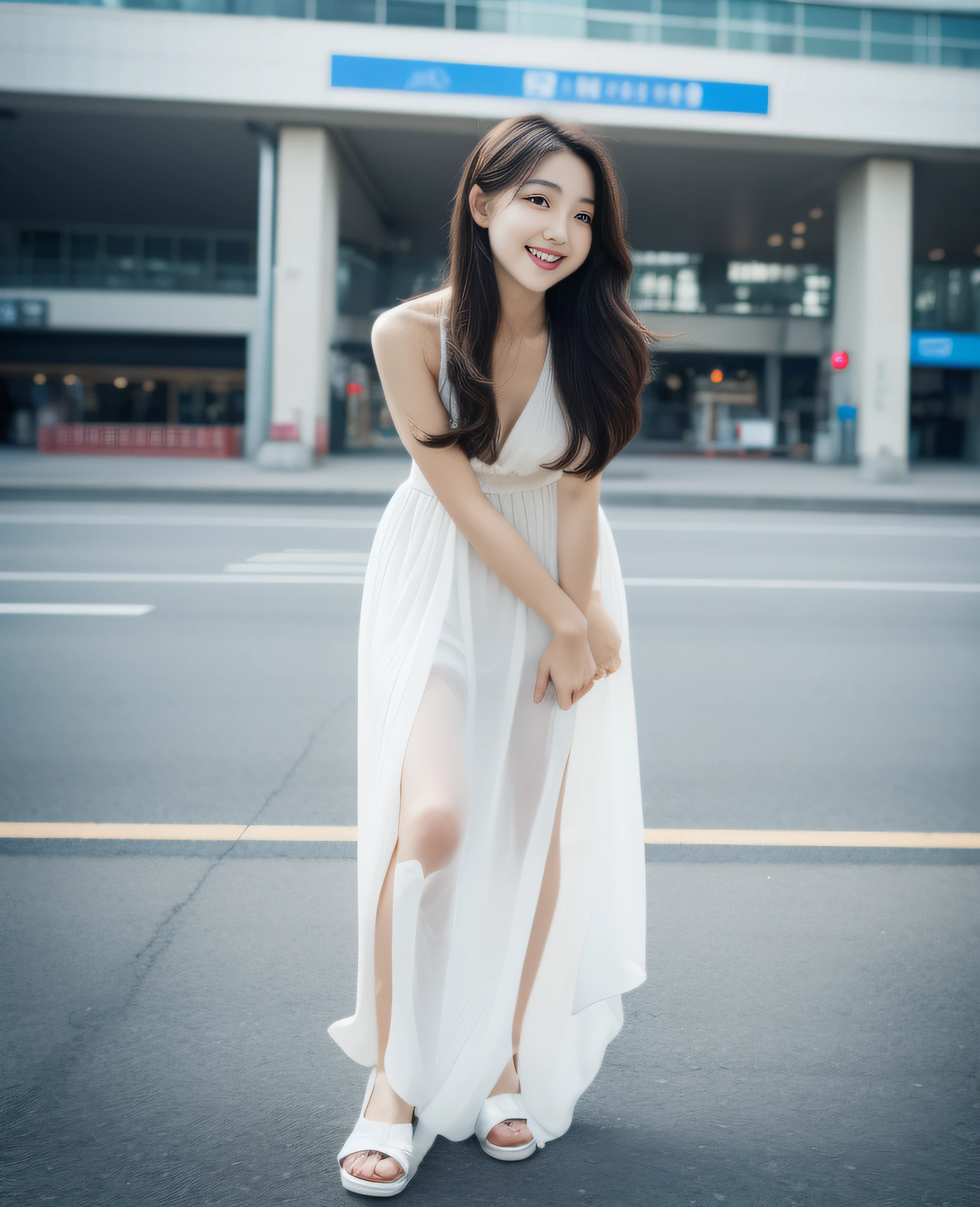 ((best quality, 8K, masterpiece: 1.3)), beautiful girl, pure, melon face, kind and cute, sweet smile, pure desire, slender body, (front), (tilted head), ((looking at camera) ), wearing a white dress, long black silky hair, long flowing shoulders, round black big eyes, clear big eyes, moist red lips, sweet, standing, ferry terminal background, ((( (whole body)))),