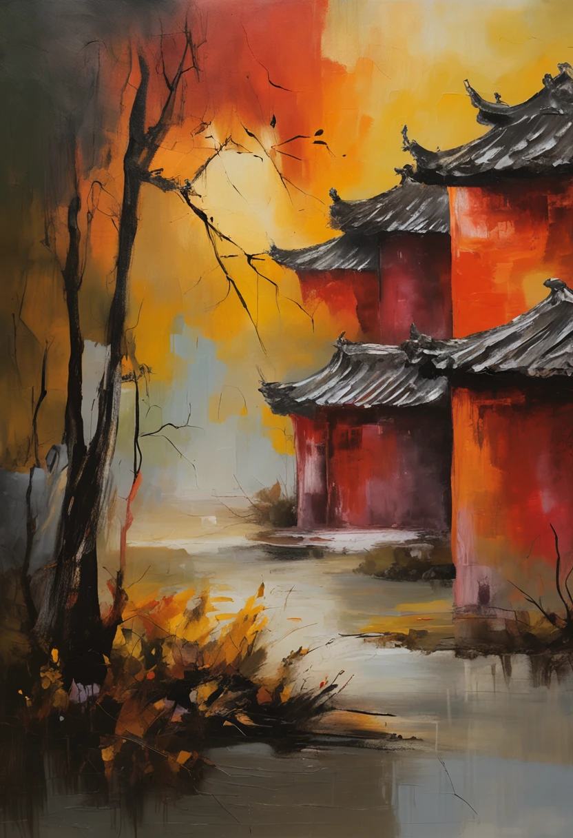 hyper HD, Best quality, A high resolution, High quality, ccurate, 8K,outside,nighttime scene,Leaves as a foreground,(blurryforeground:1.5),Chinese style buildings,the roof,themoon,light and shadow effect,Beautiful light and shadow,Warm tones,(Autumn nights:1.5)