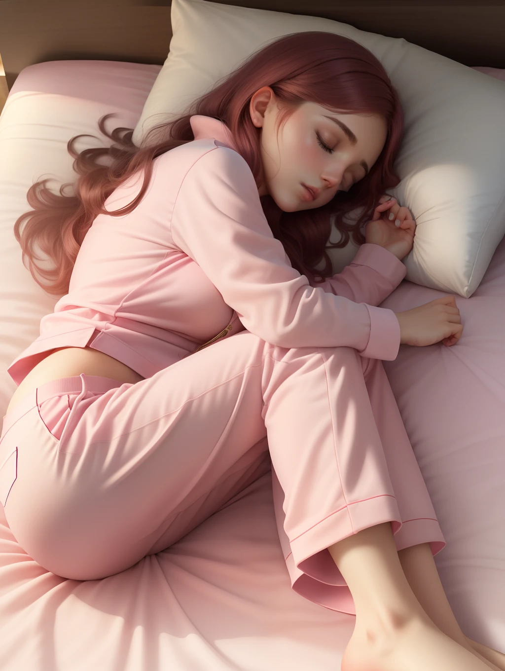 Sleeping girl, 22 years old, realistic, she is wearing long pants, she is wearing pink pajama, brown hair.