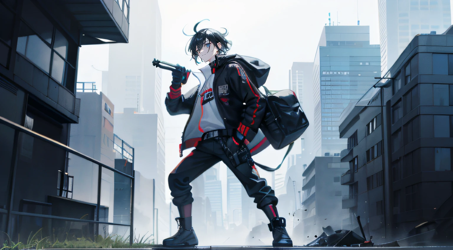 A age boy,male people,Shorter,rosto magro,Black eyes,Medium long hair,Black hair,hair messy,Black sweatshirt jacket jacket,Black shirt,Dark gray trousers,boot,Gray backpack,Butterfly knife,hand gun,dual wielding,thief,exteriors,sci-fy,cyber punk perssonage,Interspersed with reality and unreality/realistic sense/Dimension wall,eventide,Run the track,MarketaB,control tower,neonlight,skyscrapper,Roof,City view,buliding,Riman,mtu,1 man,solo person,mitts,Sweatshirt,long-sleeved gloves,Open your clothes,Jacket with lapels,Combat posture,orthofacial,Floating hair,Messy hairstyle,Asymmetrical hairstyle - The hairstyle has obvious asymmetrical parts,defiance,arrogant face,grin face,exhilarated,crazy,Smug face,ridicule,High-top boots,boot,knifes,arma,hand gun,Small eyeballs,sideface,taunt,belt pouches,The wind blew up the jacket,Raise your knife,Wave forward,male people,1 man,Hook-lock gun,short detailed hair,Holding a butterfly knife,guffaw,big laughter,Normal eyes,Visual lens,Holding a butterfly knife