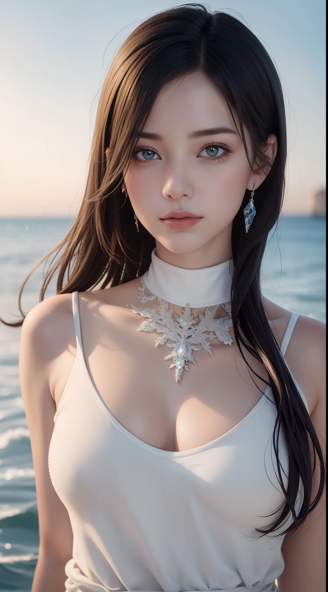 best quality, hyres, original, 1 girl, very detailed wallpaper, very detailed face, pictures, pretty face, stunning, upper body, mature female, beautiful detailed face and eyes, seaside 12, depth of field, HDR, ray tracing, detail lighting, reflection, realism, masterpiece, best quality, official art, extremely detailed CG8K wallpaper, flying petals, perfect female figure, curved, very beautiful breasts, detailed ice, crystal textured skin, indifferent expression, long hair, Messy hair, viewing viewer, extremely delicate beauty, water, beautiful detailed eyes, very detailed, movie lighting, beautiful face, fine water surface, original character painting, super detailed, incredibly detailed, an extremely delicate and beautiful, beautiful meticulous eyes of the best quality, turtleneck dress t-shirt short skirt walking on the beach