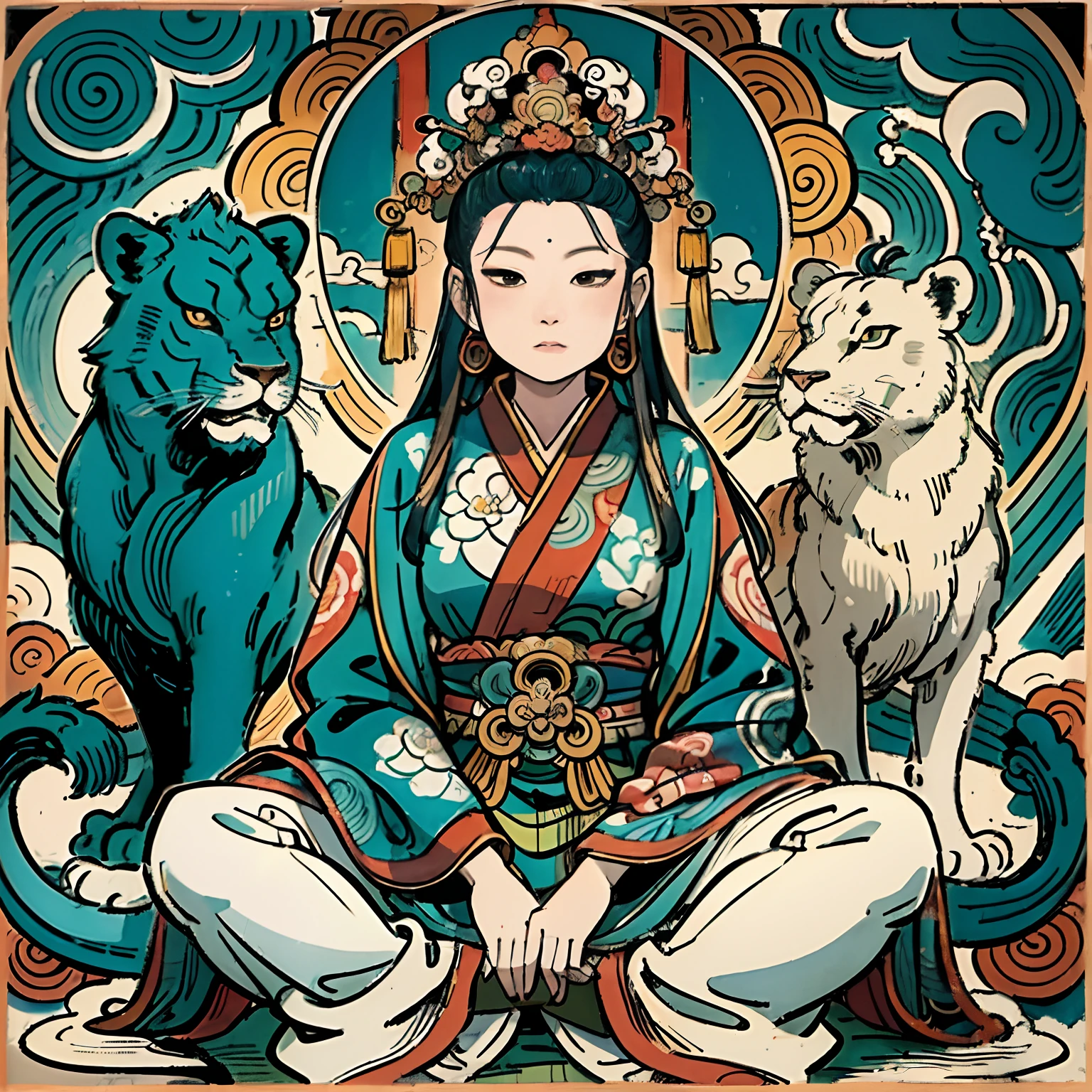 an ancient Chinese goddess, guanyin of the southern seas, Guanyin, Inspired by India, Avalokiteshvara rides a lion，,Serene expression,shui mo hua,Buddha,Buddhist,Lotus,Chinese painting style,Thangka style