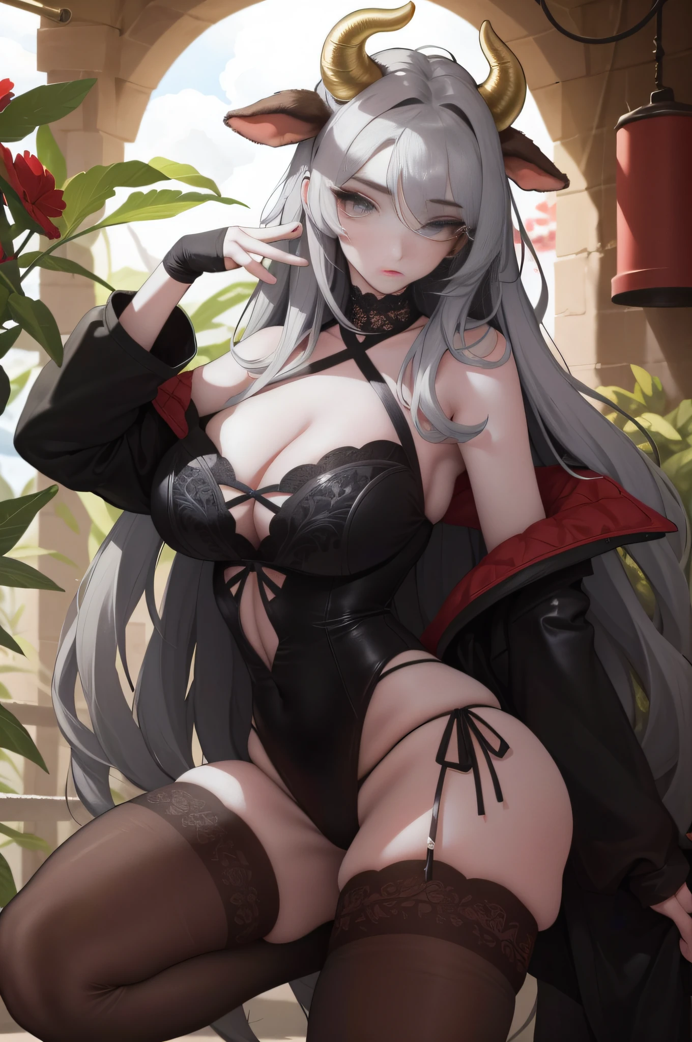 (masterpiece best quality), Realistic, (Real picture, Intricate details, Depth of field), (1girll, Solo),long eyelasher,seductiv, highly detailed, Perfect face, (gigantic cleavage breasts:1.3), (skin indentation), (Pasture cowsheds covered with pastures),Overlooking the perspective,Thick thighs, Wide hips, Small waist, facing at camera,Raised sexy,Flirtatious,Open your feet,Mature face,a matural female,(long whitr hair,Bangs cover one eye 1.3),Cow clothing,Erotic clothing,open waist,Leather clothes,stocklings,Over-the-knee boots,cow horn,Production plant,Cow Lady