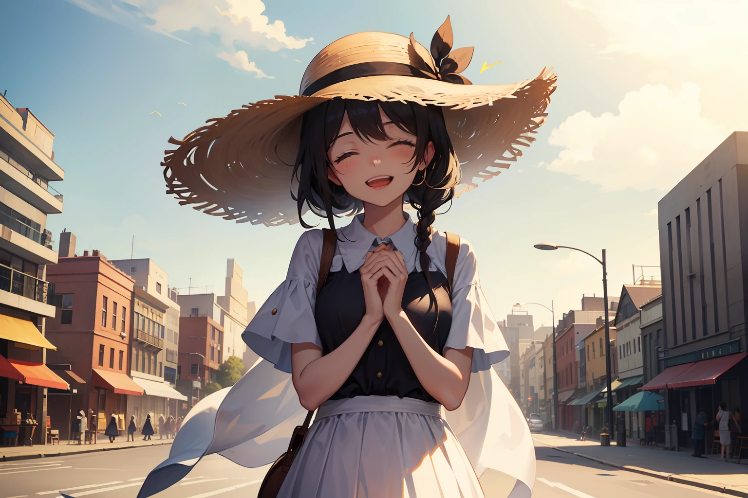 wearing Sun hat,Hands pinching the brim of the hat,Laugh from the heart,Stand under the sun,Behind it is a city full of technology