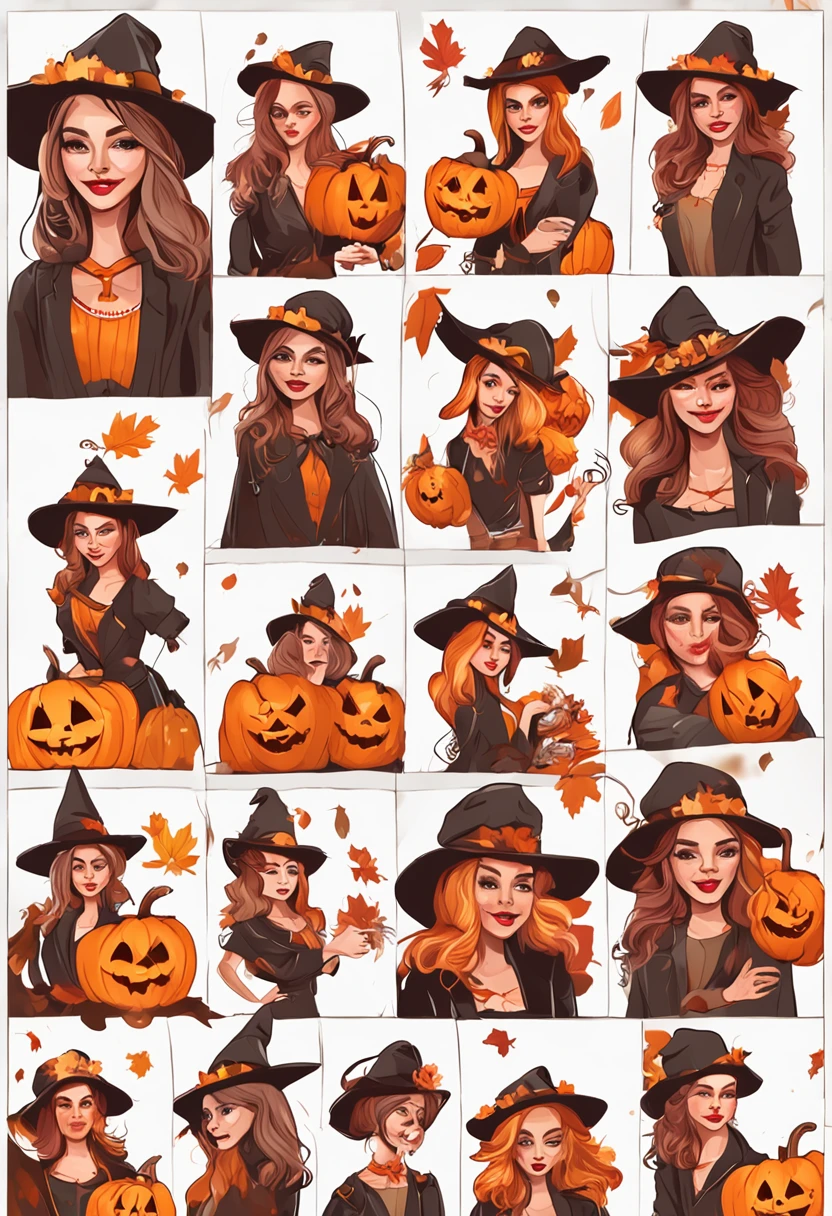 Charming girl autumn icon pack as a Halloween witch, Random facial expressions, Random coloring, Cartoon style, 2D, planar vector, Character Design, T-shirt design, Colorful splashes, Vector art, Fantasy Art, Watercolor effect,Digital Painting, white bg, 8K