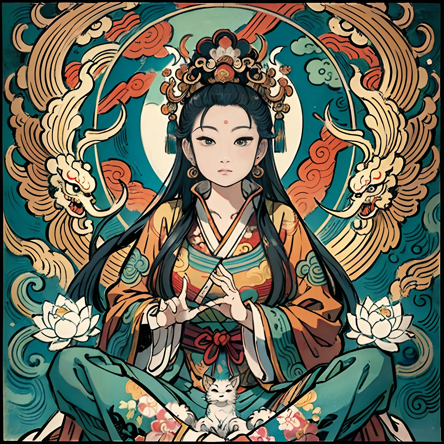 an ancient Chinese goddess, guanyin of the southern seas, Guanyin, Inspired by India, Avalokiteshvara rides a phoenix，,Serene expression,shui mo hua,Buddha,Buddhist,Lotus,Chinese painting style,Thangka style