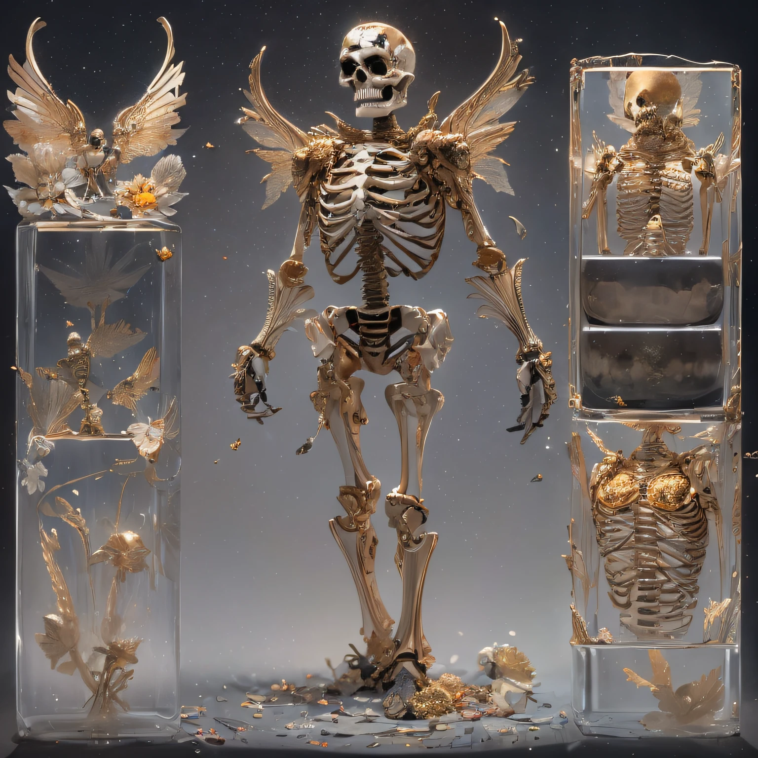 baton，Transparent wings，Magic wand，Wear thick gold-framed reflective sunglasses，32K（tmasterpiece，k hd，hyper HD，32K）Burgundy double ponytail，The Silver Skull Jewelry District in the backstreets，Indigo Skull King ，Skeleton protector （The skeleton is realistic：1.4），Skull pattern robe，Silver skull flower ornaments，Petals flutter，Colored ball head，Hold your head high，Be proud，The nostrils look at people， A high resolution， the detail， RAW photogr， Sharp Re， Nikon D850 Film Stock Photo by Jefferies Lee 4 Kodak Portra 400 Camera F1.6 shots, Rich colors, ultra-realistic vivid textures, Dramatic lighting, Unreal Engine Art Station Trend, cinestir 800，Hold your head high，Be proud，The nostrils look at people，Tsundere，Petals flutter，Petals flutter，Sprinkle with gold dust，Fluttering，Impeccable，( reasonable design, Clear lines, High sharpness,Best quality, Very detailed skeleton, The skeleton of a masterpiece, offcial art, movie light effect, 4K skeleton（（（Wear thick gold-framed reflective sunglasses）））Transparent wings，（baton）（Baton in hand）（Giant stick）baton，
