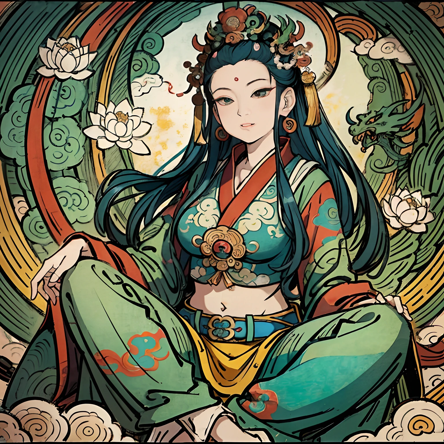 an ancient Chinese goddess, guanyin of the southern seas, Guanyin, Inspired by India, Avalokiteshvara rides a dragon，,Serene expression,shui mo hua,Buddha,Buddhist,Lotus,Chinese painting style,Thangka style