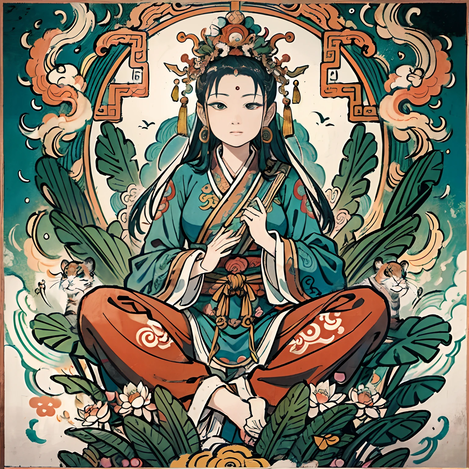 an ancient Chinese goddess, guanyin of the southern seas, Guanyin, Inspired by India, Avalokiteshvara rides a tiger，,Serene expression,shui mo hua,Buddha,Buddhist,Lotus,Chinese painting style,Thangka style