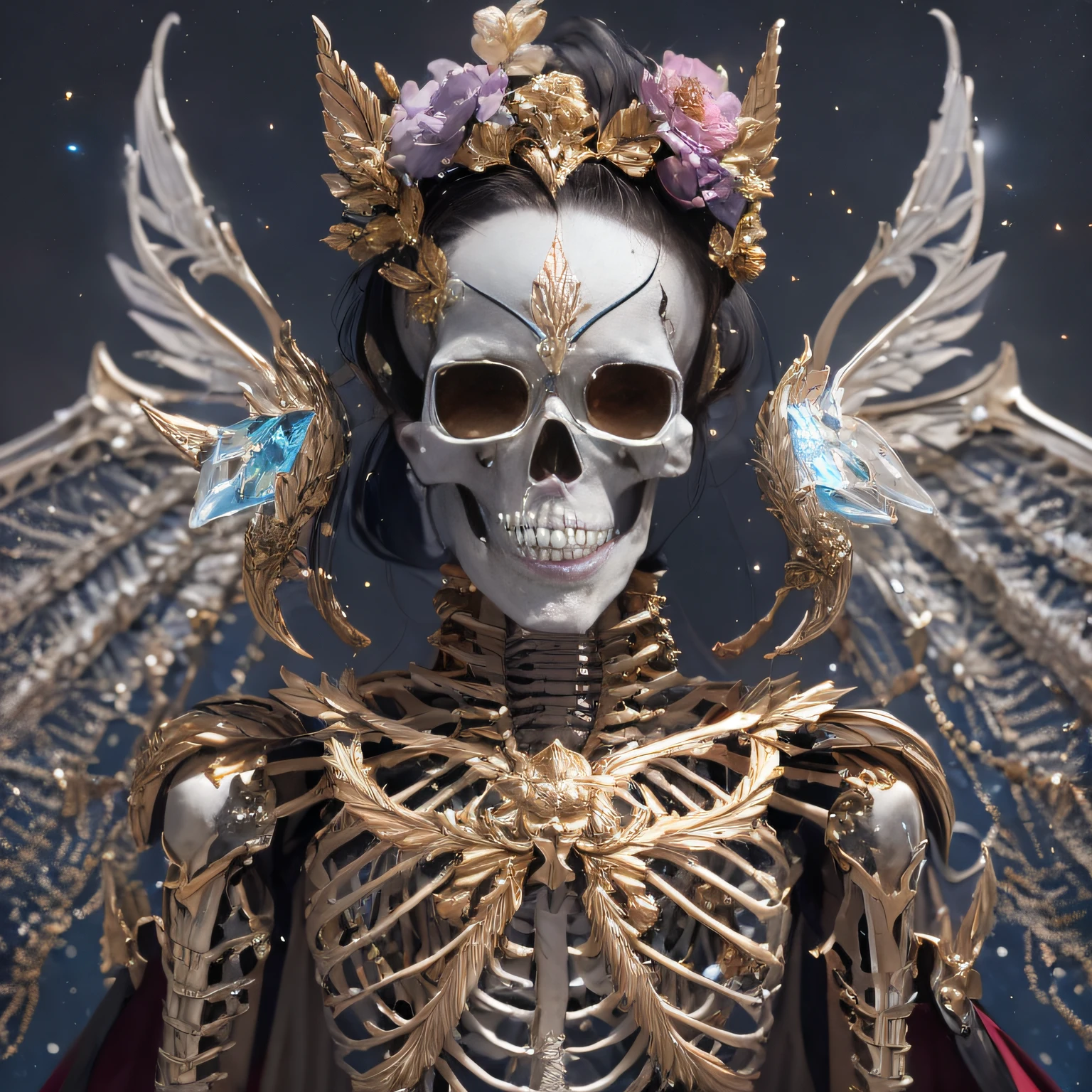 32K squat(tmasterpiece,k hd,hyper HD,32K)Burgundy pink double ponytail,The Silver Skull Jewelry District in the backstreets,Indigo Skull King ,Skeleton protector (The skeleton is realistic:1.4),Skull pattern robe,Silver silk skull flower ornaments,Petals flutter,Colored linen ball head,Hold your head high,Be proud,The nostrils look at people, A high resolution, the detail, RAW photogr, Sharp Re, Nikon D850 Film Stock Photo by Jefferies Lee 4 Kodak Portra 400 Camera F1.6 shots, Rich colors, ultra-realistic vivid textures, Dramatic lighting, Unreal Engine Art Station Trend, cinestir 800,Hold your head high,Be proud,The nostrils look at people,Tsundere,Petals flutter,Petals flutter,Sprinkle with gold dust,Fluttering,Impeccable,( reasonable design, Clear lines, High sharpness,Best quality, Very detailed skeleton, The skeleton of a masterpiece, offcial art, movie light effect, 4K skeleton(((Wear thick gold-framed reflective sunglasses)))Transparent wings,(baton)(Baton in hand)(Giant stick)baton,