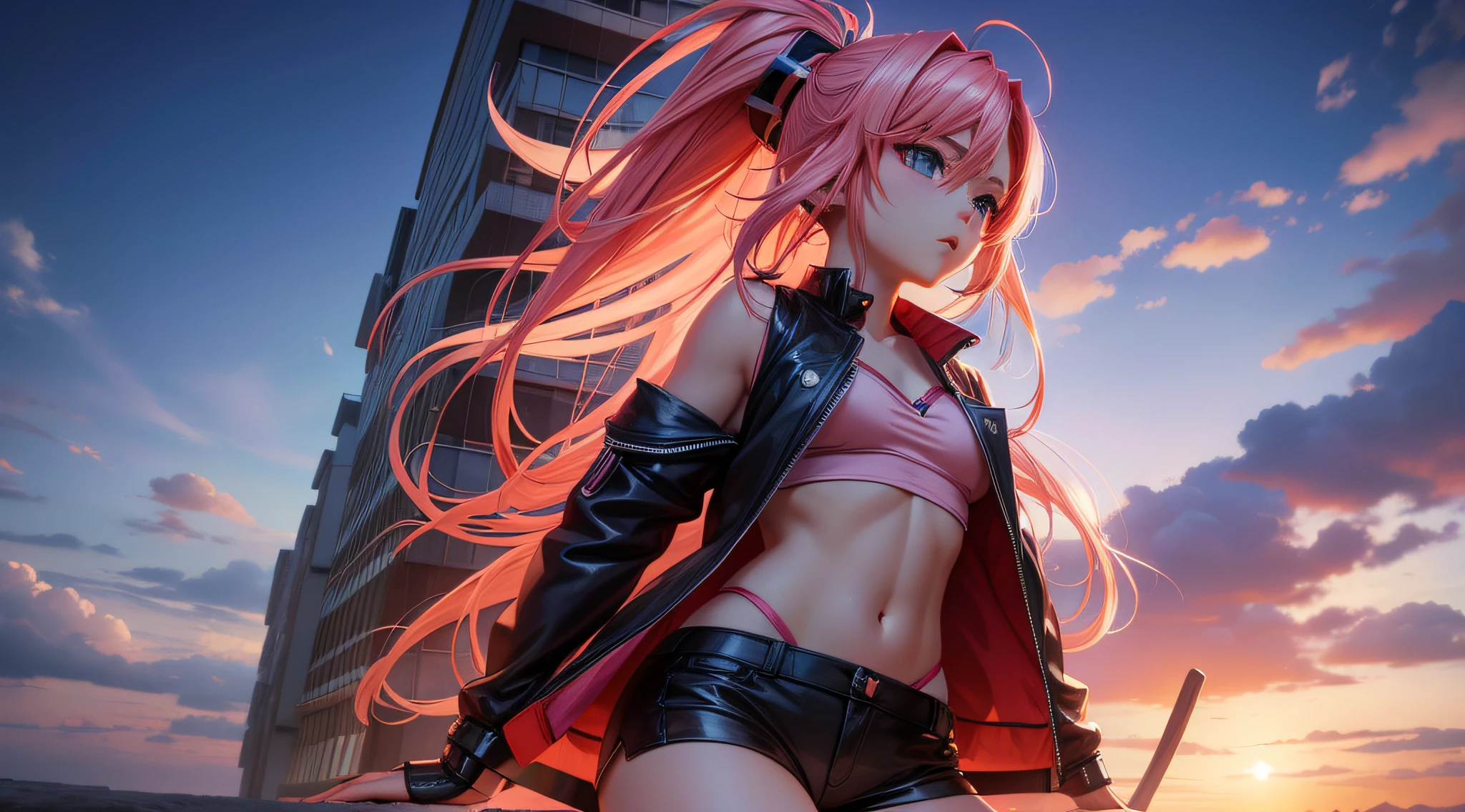 ((Very naughty scenes : 1.3)), panties exposed, Very pretty and sexy beauty, crop-top, under boob style, pink hair, purple eyes, full body shot, Background in front of a street bar at night, slim body, small breast, drunken, ((tanline : 1.1)), ((red flush : 1.3)), Vivid cameltoe highlight; massive accsessory, tight dolphine shorts, lowrised,, , shaved pussy, bright pin lights,