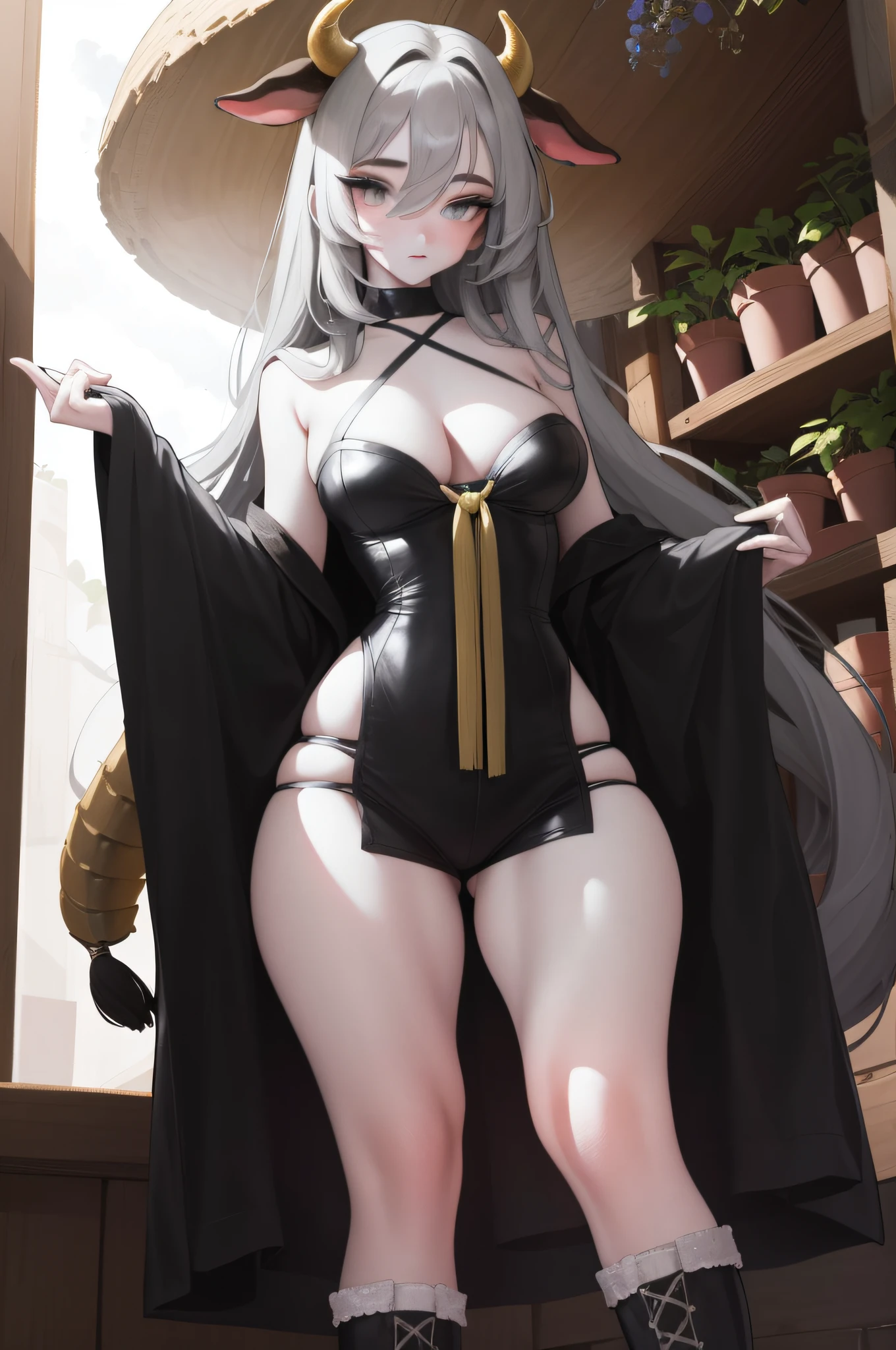 (masterpiece best quality), Realistic, (Real picture, Intricate details, Depth of field), (1girll, Solo),long eyelasher，seductiv， highly  detailed, Perfect face, (gigantic cleavage breasts：1.3), (skin indentation), （Pasture cowsheds covered with pastures），Overlooking the perspective，Thick thighs, Wide hips, Small waist, facing at camera，Raised sexy，Flirtatious，Open your feet，Mature face，a matural female，（long whitr hair，Bangs cover one eye 1.3），Cow clothing，Erotic clothing，open waist，Leather clothes，stocklings，Over-the-knee boots，cow horn，Production plant，Cow Lady
