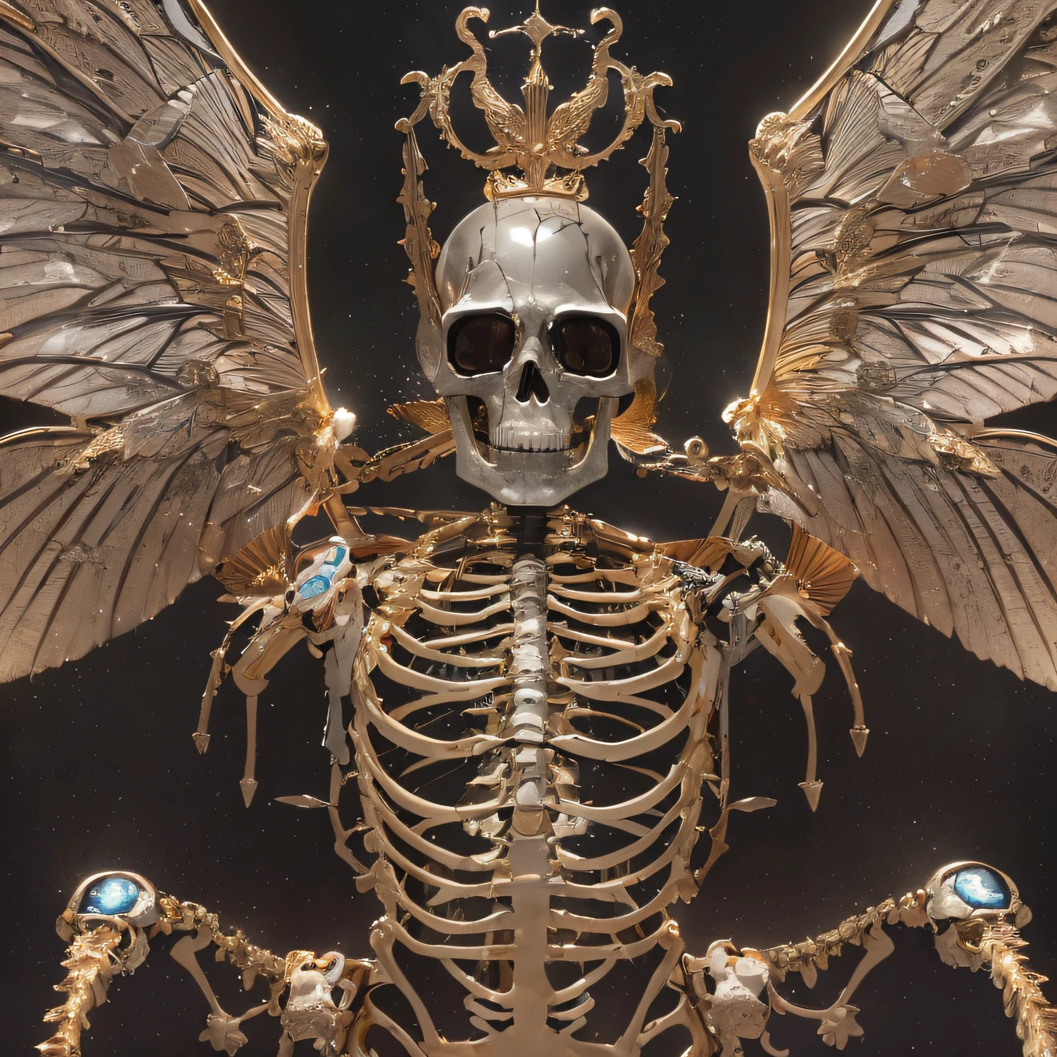 baton,Transparent wings,Magic wand,Wear thick gold-framed reflective sunglasses,32K(tmasterpiece,k hd,hyper HD,32K)Burgundy double ponytail,The Silver Skull Jewelry District in the backstreets,Indigo Skull King ,Skeleton protector (The skeleton is realistic:1.4),Skull pattern robe,Silver skull flower ornaments,Petals flutter,Colored ball head,Hold your head high,Be proud,The nostrils look at people, A high resolution, the detail, RAW photogr, Sharp Re, Nikon D850 Film Stock Photo by Jefferies Lee 4 Kodak Portra 400 Camera F1.6 shots, Rich colors, ultra-realistic vivid textures, Dramatic lighting, Unreal Engine Art Station Trend, cinestir 800,Hold your head high,Be proud,The nostrils look at people,Tsundere,Petals flutter,Petals flutter,Sprinkle with gold dust,Fluttering,Impeccable,( reasonable design, Clear lines, High sharpness,Best quality, Very detailed skeleton, The skeleton of a masterpiece, offcial art, movie light effect, 4K skeleton(((Wear thick gold-framed reflective sunglasses)))Transparent wings,(baton)(Baton in hand)(Giant stick)baton,