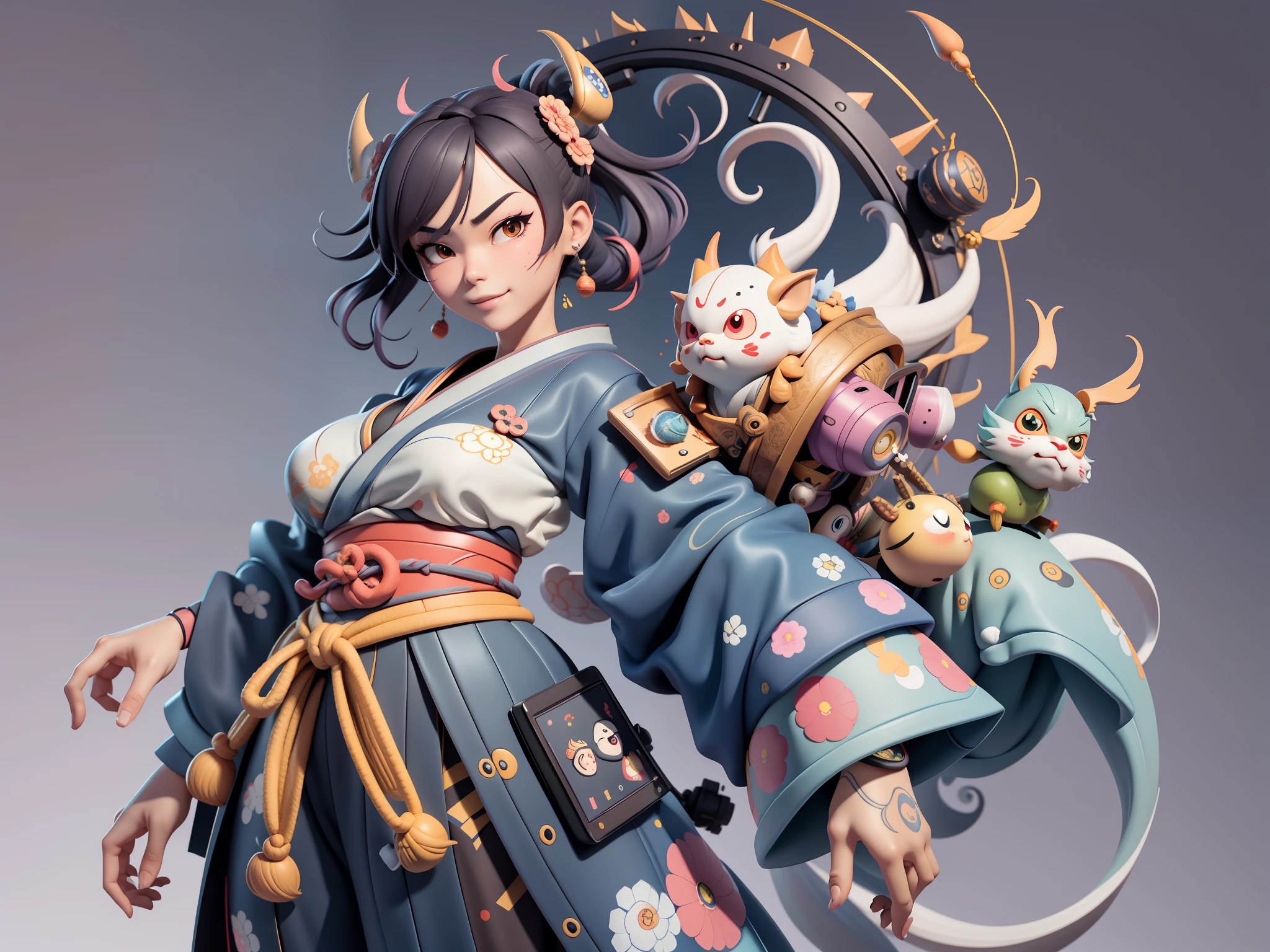 (Daisaku),(Need),(Super meticulous),(full bodyesbian:1.2),Japanese ukiyo-e girl,japanese geisha,Beautiful,Oriental dragon,Aeolian Thor,Raised sexy,爆乳,Oriental face,TV Anchor,Bust portrait illustration,Alone,In black suit,a blue tie,The face is slightly chubby,The face was clean,without a beard,Black super short hair,Black eyes,Smile confidently,3C computer sub-products,iPad, iphone,Digital painting,3D character design by Mark Clairen and Pixar and Hayao Miyazaki and Akira Toriyama,The illustration is a high-definition illustration in 4K resolution,With very detailed facial features and cartoon-style visuals。