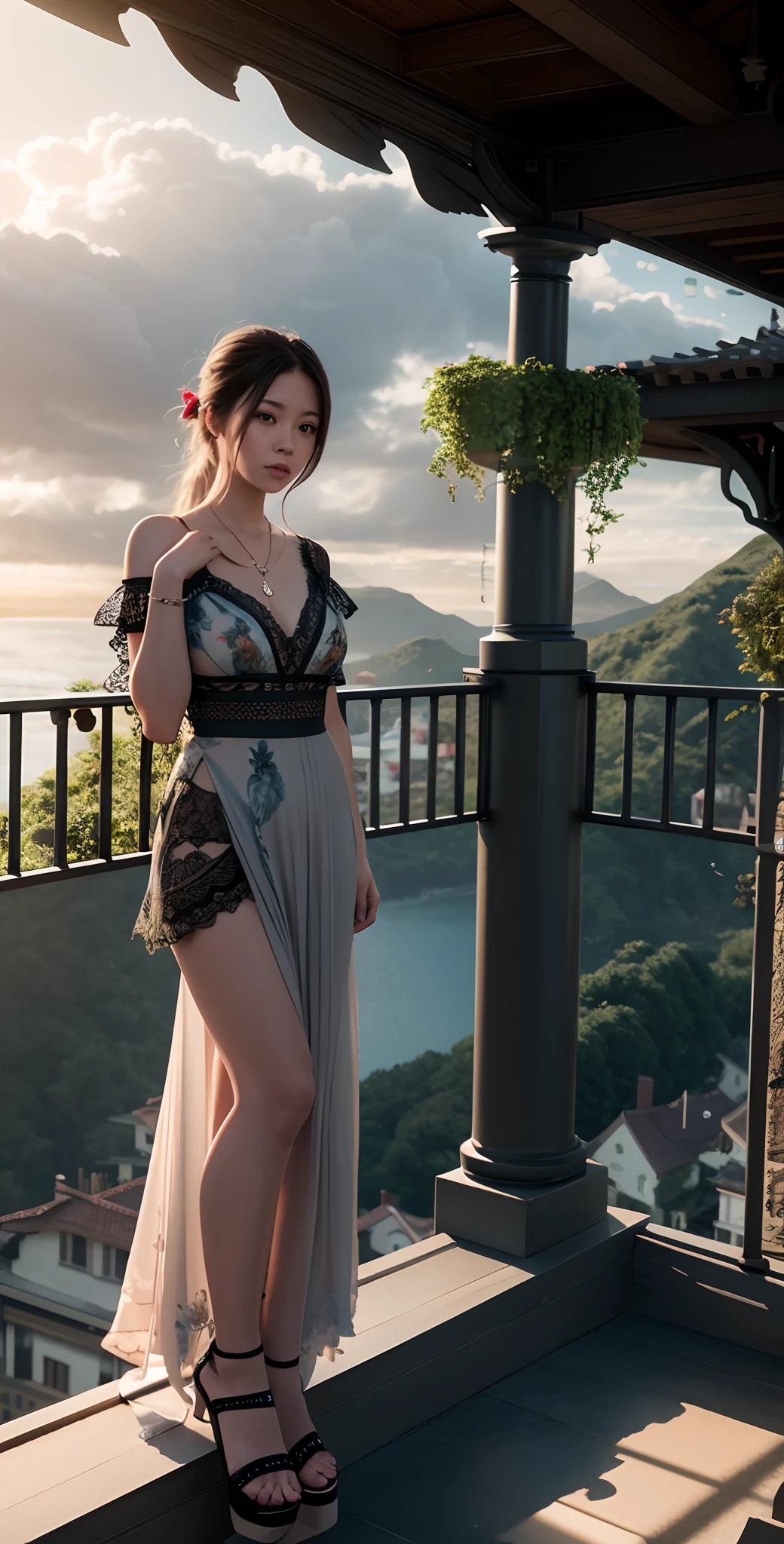 There was a woman standing on the balcony，There is a bird on the railing, Beautiful digital artwork, 4k highly detailed digital art, ross tran. scenery background, 8 k realistic digital art, fantasy matte painting，Cute, Realistic fantasy rendering, [ 4 K digital art ]!!, Beautiful digital illustration, Realistic digital art 4K, Realistic digital art 4 K