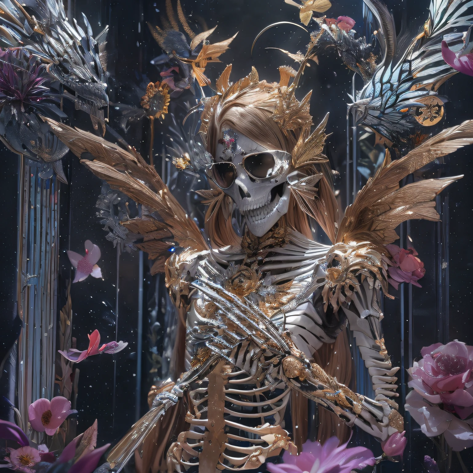 Finger sticks,Transparent wings,magia,Wear thick gold-framed reflective sunglasses,32K(tmasterpiece,k hd,hyper HD,32K)Burgundy double ponytail,The Silver Skull Jewelry District in the backstreets,Indigo Skull King ,Skeleton protector (The skeleton is realistic:1.4),Skull pattern robe,Silver skull flower ornaments,Petals flutter,Colored ball head,Hold your head high,Be proud,The nostrils look at people, A high resolution, the detail, RAW photogr, Sharp Re, Nikon D850 Film Stock Photo by Jefferies Lee 4 Kodak Portra 400 Camera F1.6 shots, Rich colors, ultra-realistic vivid textures, Dramatic lighting, Unreal Engine Art Station Trend, cinestir 800,Hold your head high,Be proud,The nostrils look at people,Tsundere,Petals flutter,Petals flutter,Sprinkle with gold dust,Fluttering,Impeccable,( reasonable design, Clear lines, High sharpness,Best quality, Very detailed skeleton, The skeleton of a masterpiece, offcial art, movie light effect, 4K skeleton(((Wear thick gold-framed reflective sunglasses)))Transparent wings,(baton)(Baton in hand)(Giant stick)baton,