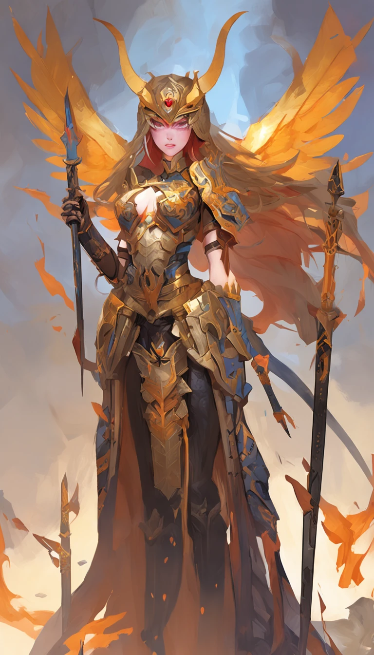 Anime figure，Dark villain，Beauty side face，Long hair flying，（golden headdress），Two teenage girls back to back，（Simple helmet）Spark ashes burn，The samurai held a sword, Wear contrasting armor, The whole picture of the witch and the witch skeleton,（standing full-body），（（Faraway view）），（HD8K），ultra-wide-angle，The background is gorgeous，the original god, demon anime girl, Angel anime girl，fantasy paladin man, Dragon Knight,Spread your black feathered wings，Mobile Genshin Impact, Anime 8 k, Anime fantasy illustration, Genshin Impact, Tough and cold character, Detailed key anime art, Ayaka Genshin impact, onmyoji portrait，Close-up of shooting random weapons, Comic book epic artwork, Epic fantasy digital art style,Epic fantasy art style, 8K high quality detailed art, Epic fantasy art style HD, Faraway view，Behind him，This is a golden glowing magic array。，Purify the flame，HD anime visuals，full portrait of magical knight