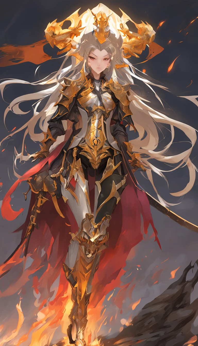 Anime figure,Dark villain,Beauty side face,Long hair flying,(golden headdress),Two age girls back to back,(Simple helmet)Spark ashes burn,The samurai held a sword, Wear contrasting armor, The whole picture of the witch and the witch skeleton,(standing full-body),((Faraway view)),(HD8K),ultra-wide-angle,The background is gorgeous,the original god, demon anime girl, Angel anime girl,fantasy paladin man, Dragon Knight,Spread your black feathered wings,Mobile Genshin Impact, Anime 8 k, Anime fantasy illustration, Genshin Impact, Tough and cold character, Detailed key anime art, Ayaka Genshin impact, onmyoji portrait,Close-up of shooting random weapons, Comic book epic artwork, Epic fantasy digital art style,Epic fantasy art style, 8K high quality detailed art, Epic fantasy art style HD, Faraway view,Behind him,This is a golden glowing magic array。,Purify the flame,HD anime visuals,full portrait of magical knight