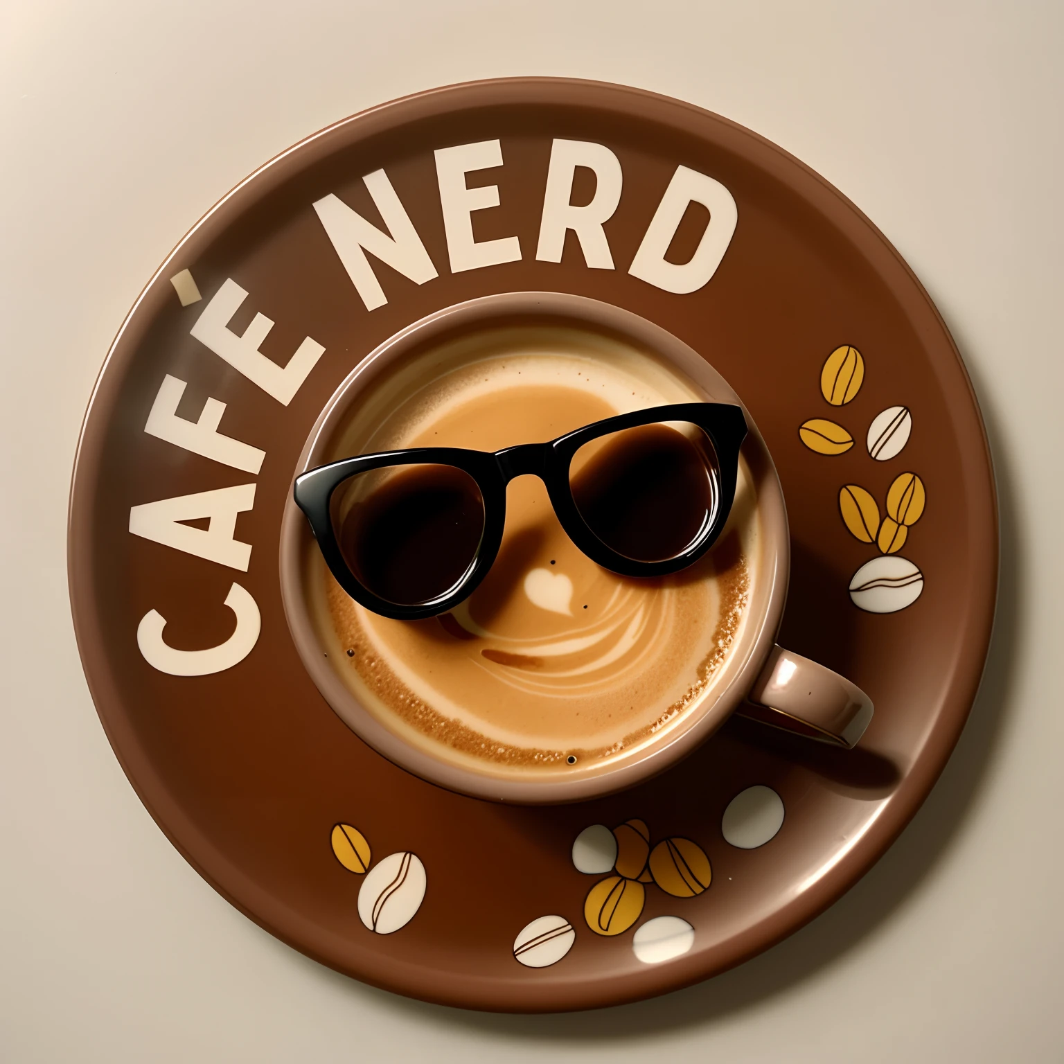a closeup of a plate with a cup of coffee and beans, emoji nerd, nerd, black nerd glasses, Typical cryptocurrency nerd, Nerds, muito nerd, nerd computador, nerdy appearance, nerd, inspirado em Caro Niederer, coffee shop, bonito ligeiramente nerd sorriso, android coffee shop, com nerd! glasses! e cavanhaque, logo arttype, library nerd glasses, Logo, Logo, graos de cafe marrom, pires de porcelana, Iluminacao de estudio.