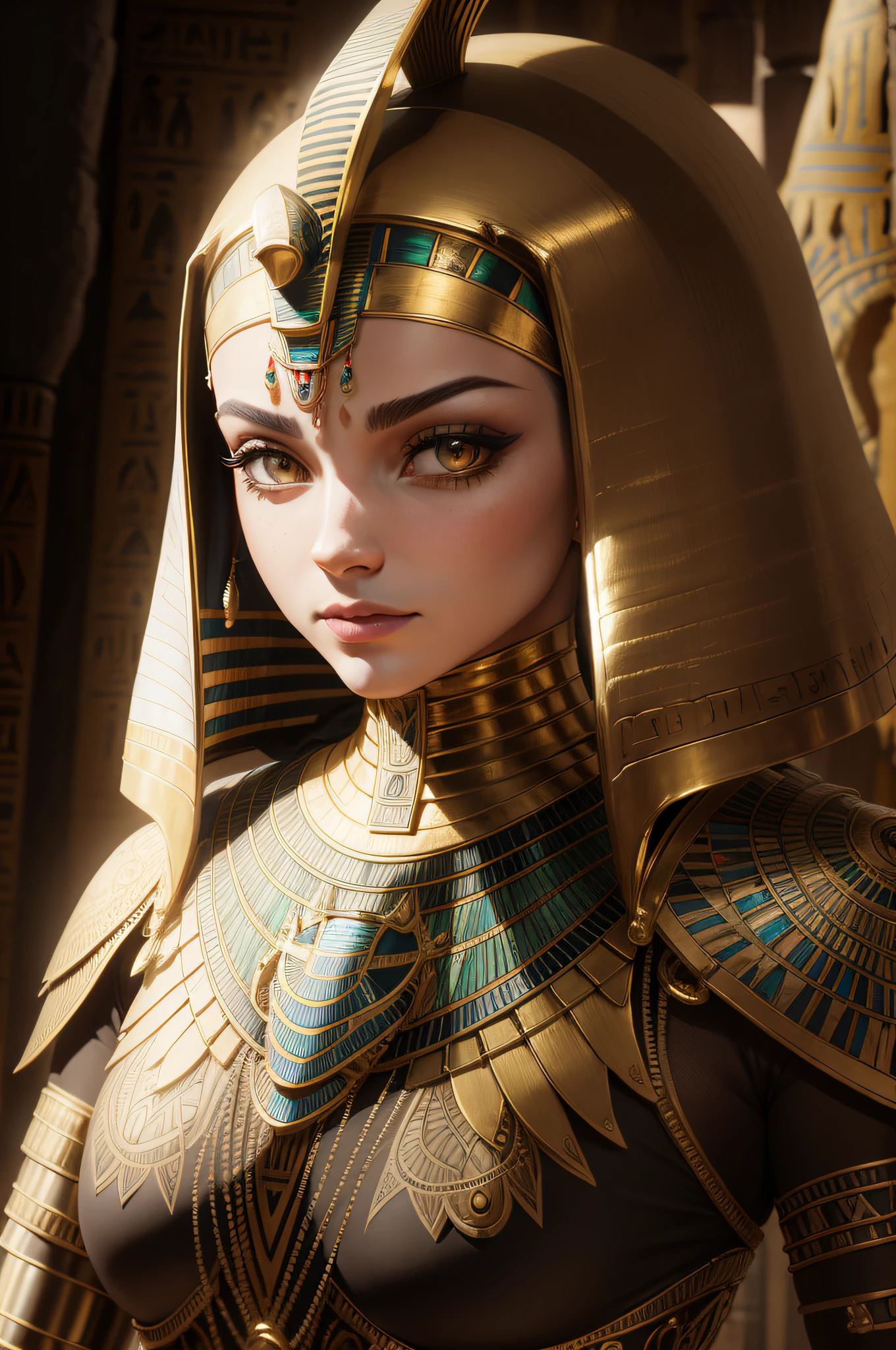 Young pharaoh,Frontal view,3D style,Gold accessories,bust,Cinema lenses,The feeling of majesty,solid,Particle,k hd,Lots of detail,Egyptian-style facial makeup,The scepter in your hand