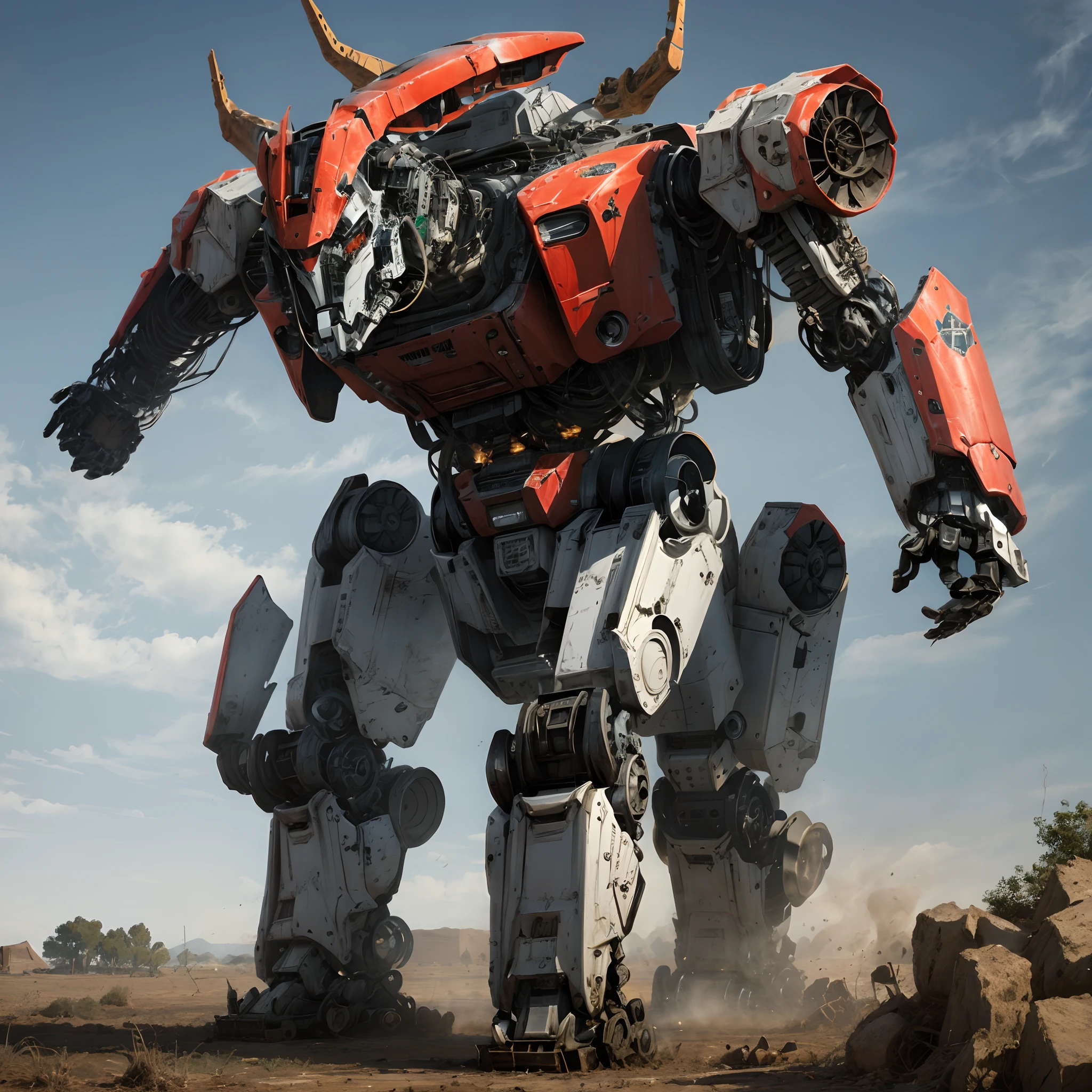 there is a robot that is standing in the dirt, giant robot mech, mecha animal, giant mecha robot, cliffjumper, full body red mech, lottalewdsLargeMecha, giant mecha, Giant robots, anime large mecha robot, made in unreal engine 5, concept design art octane render, Mecha, Full body mecha, battlemech, From Transformers