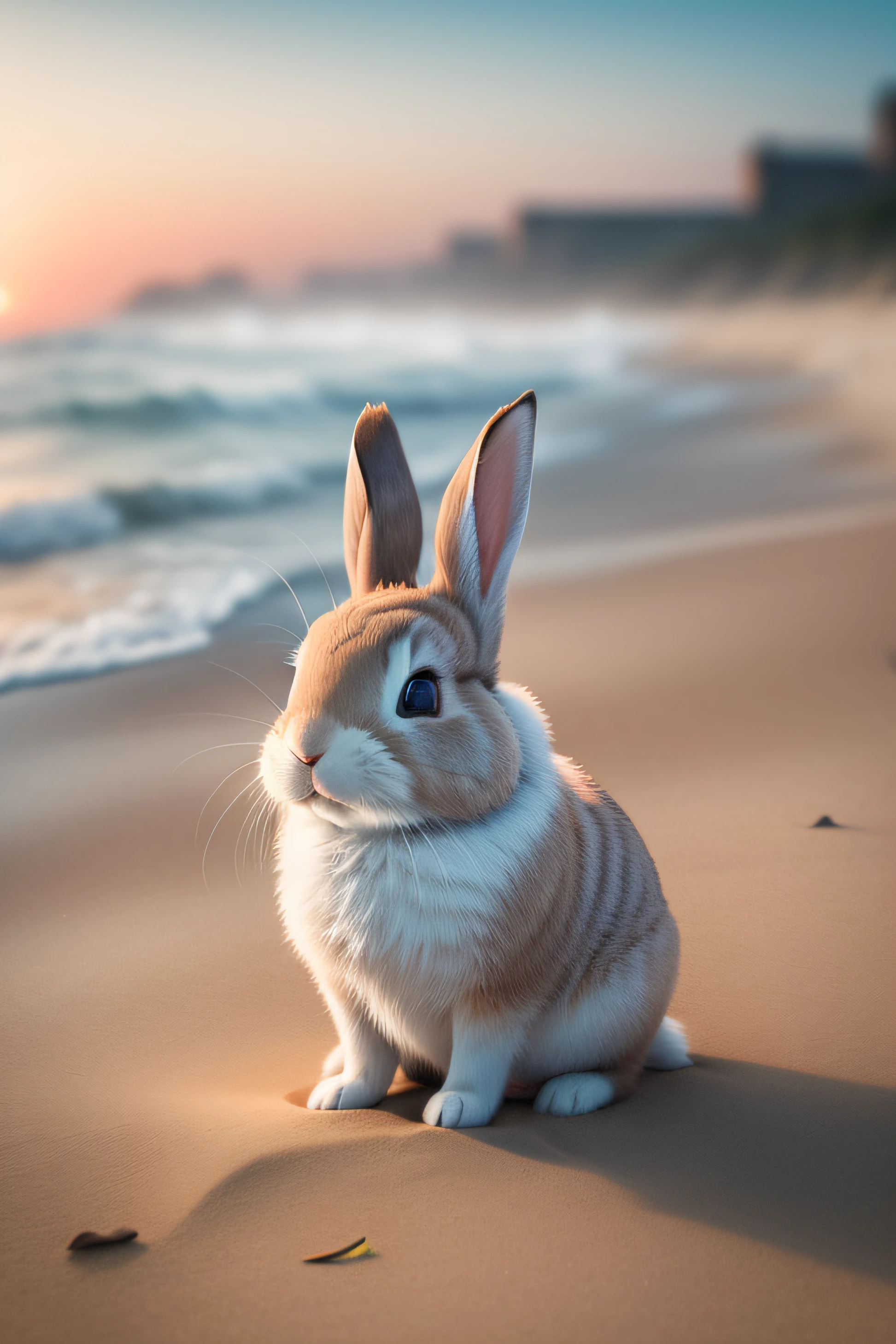 Close-up photo of a little rabbit lying on the beach，clean backdrop，depth of fields，largeaperture，photography of，volume fog，Halo，blooms，Dramatic atmosphere