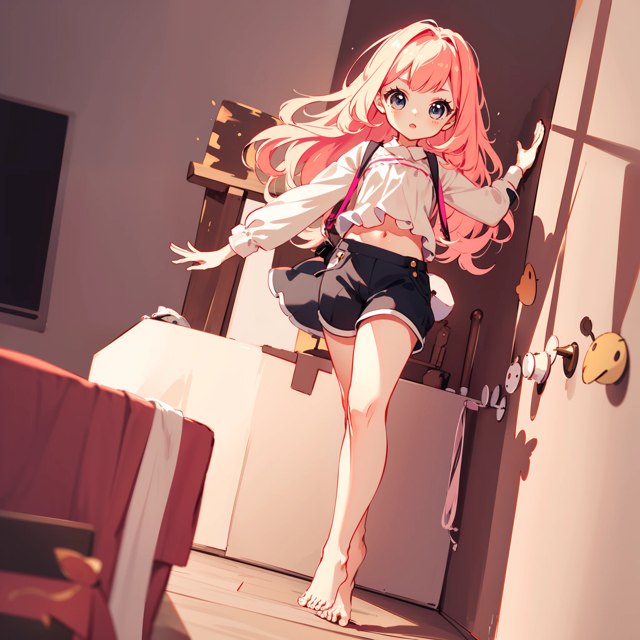 very cute female child:1.5,10 yo,Clothes with peach-colored ruffles:1.8, Barefoot, Summer,action:1.6,dynamic pose,dynamic angle,dutch angle shot,low angle,full body shot,medium shot,flat chest:1.5,nsfw:1.3, Cute PINK Living room:1.8,4K, (Raw photo: 1.2), (masutepiece: 1.3), (exquisite detailing: 1.2), Delicate and beautiful details, (Eye Detail), (Facial Detailed), (Highest Quality) :1.4), (Hyper-Resolution: 1.2),(very detailed illustration), Best Quality,depth of fields, Wide light, natural shadows