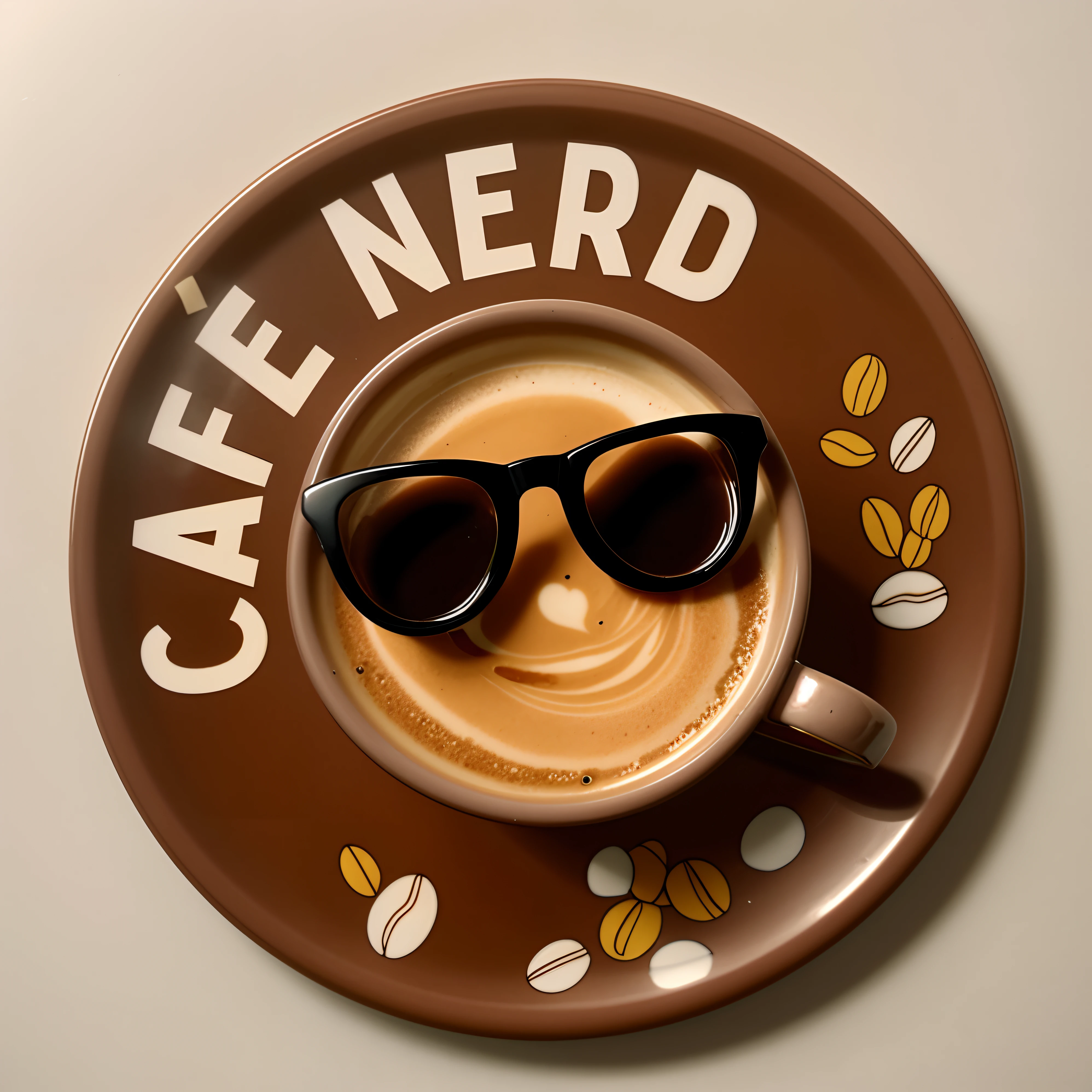 a closeup of a plate with a cup of coffee and beans, emoji nerd, nerd, black nerd glasses, Typical cryptocurrency nerd, Nerds, muito nerd, nerd computador, nerdy appearance, nerd, inspirado em Caro Niederer, coffee shop, bonito ligeiramente nerd sorriso, android coffee shop, com nerd! glasses! e cavanhaque, logo arttype, library nerd glasses, Logo, Logo, graos de cafe marrom, pires de porcelana, Iluminacao de estudio.