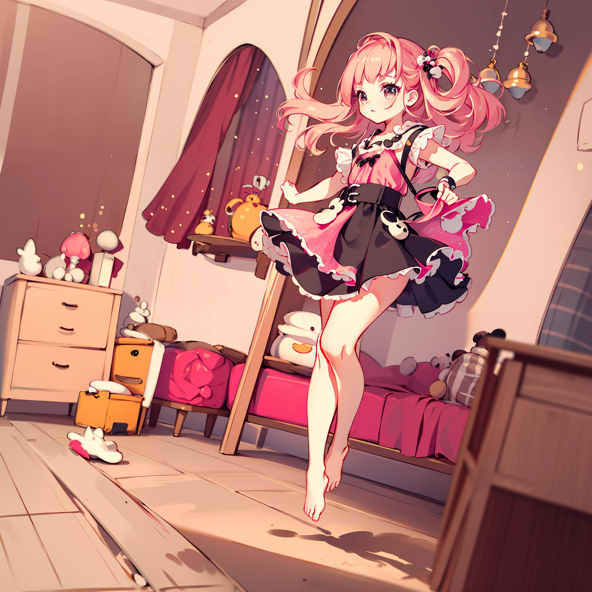 very cute female child:1.5,10 yo,Clothes with peach-colored ruffles:1.8, Barefoot, Summer,action:1.6,dynamic pose,dynamic angle,dutch angle shot,low angle,full body shot,medium shot,flat chest:1.5,nsfw:1.3, Cute PINK Living room:1.8,4K, (Raw photo: 1.2), (masutepiece: 1.3), (exquisite detailing: 1.2), Delicate and beautiful details, (Eye Detail), (Facial Detailed), (Highest Quality) :1.4), (Hyper-Resolution: 1.2),(very detailed illustration), Best Quality,depth of fields, Wide light, natural shadows