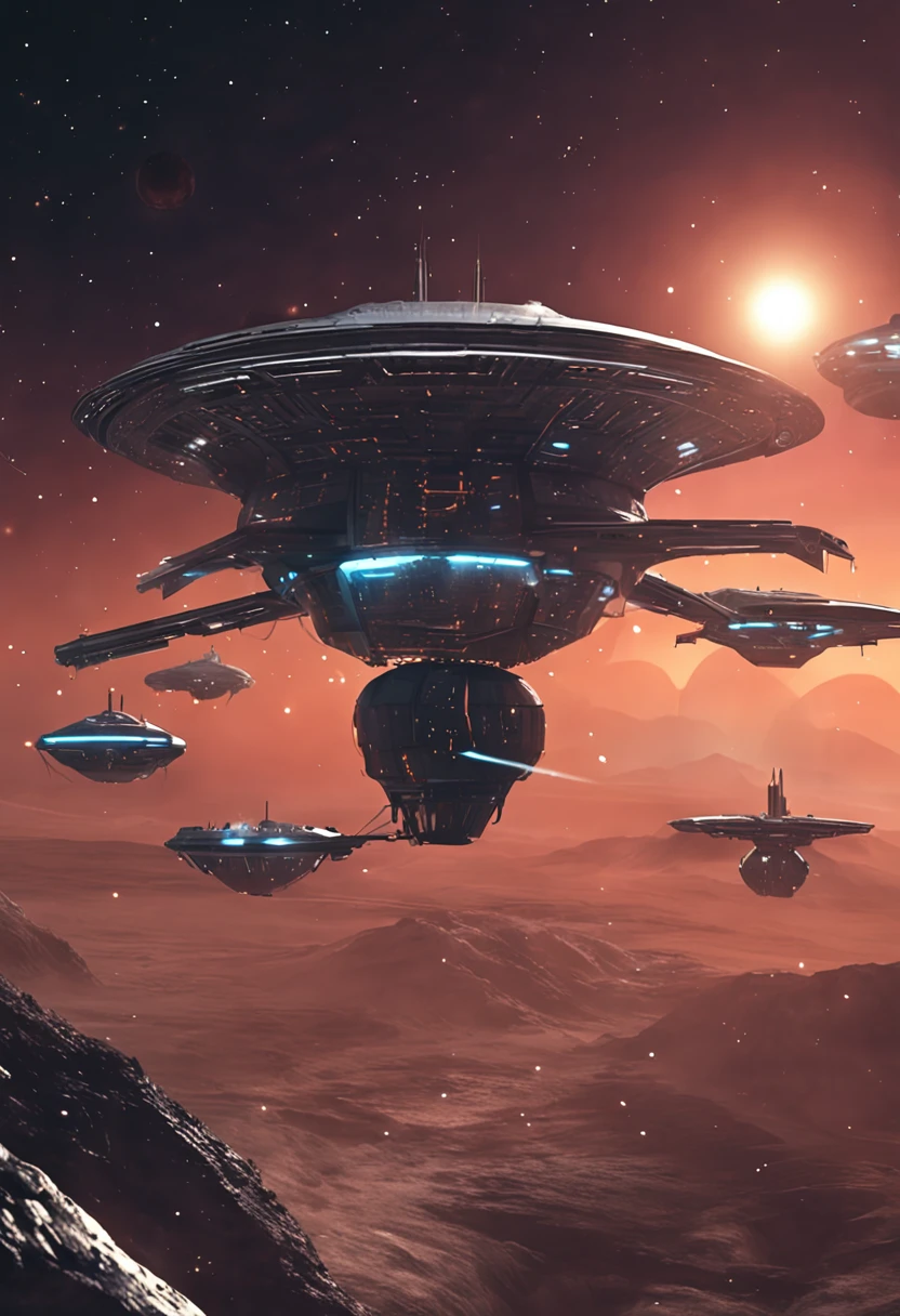concept -art spaceship, mothership, in solar orbit, dark shades, enemy ships, space anomaly