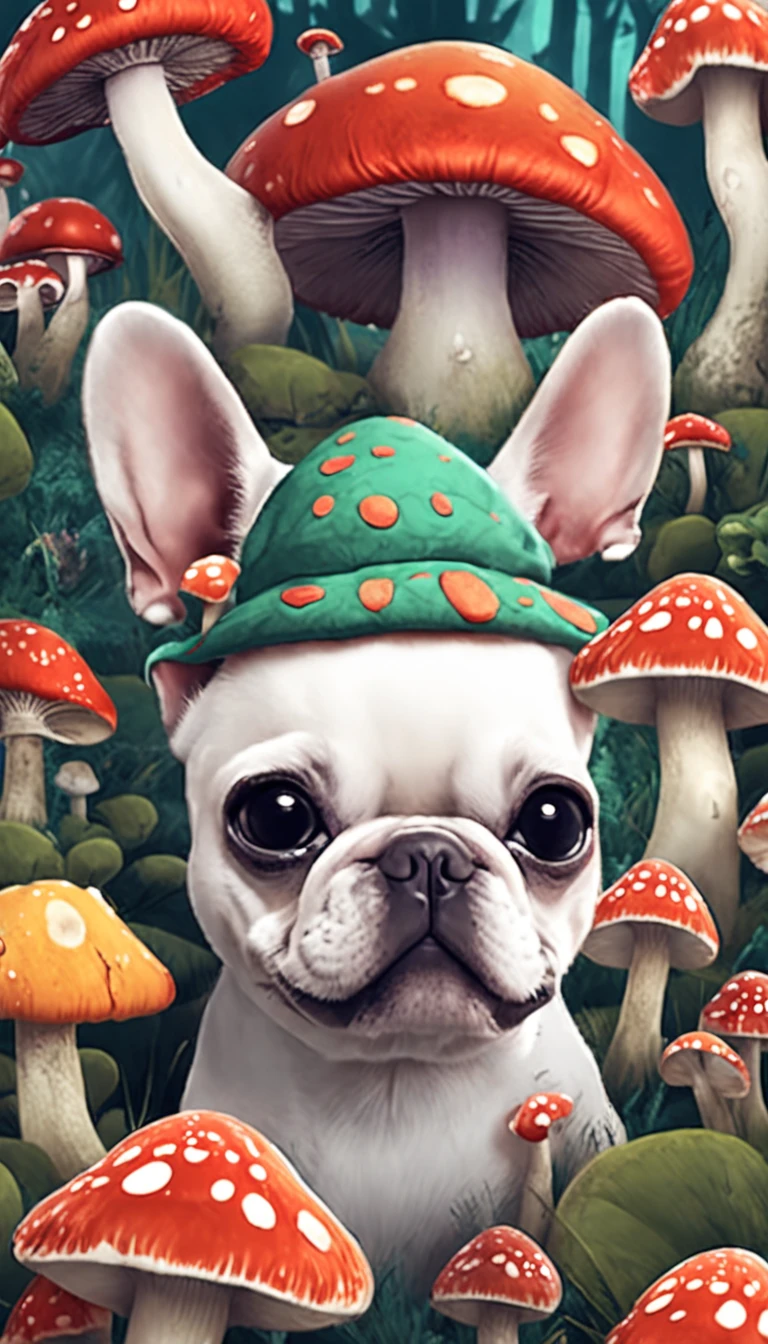 "adorable creature, fofa e peluda, similar to a mixture of French bulldogs and snails, in a magical forest filled with colorful mushrooms. Wear a charming mushroom hat."
