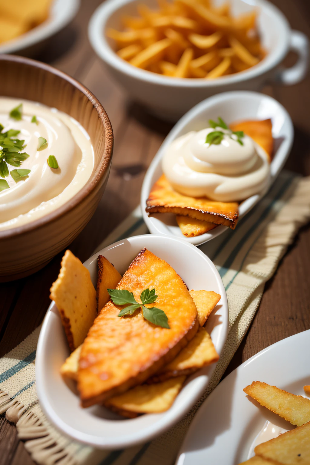 Spicy strips with potato chips and yogurt placed on the table HD bright