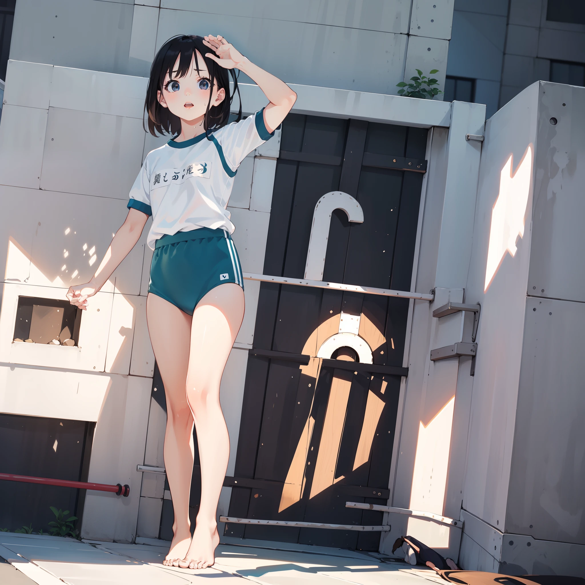 very cute female child:1.1,10 yo,nsfw,japanese gym-suit:1.8,action:1.6,dynamic pose,dynamic angle,ground-level shot,low angle,full body shot,medium shot,Barefoot,Summer,day,flat chest,Wind,Drooping sweat:1.1,(4K), (Raw photo: 1.2), (Realism: 1.4), (masutepiece: 1.3), (exquisite detailing: 1.2), Delicate and beautiful details, (Eye Detail), (Facial Detailed), (Highest Quality) :1.4), (Hyper-Resolution: 1.2),(very detailed illustration), Best Quality,depth of fields, Wide light, natural shadows