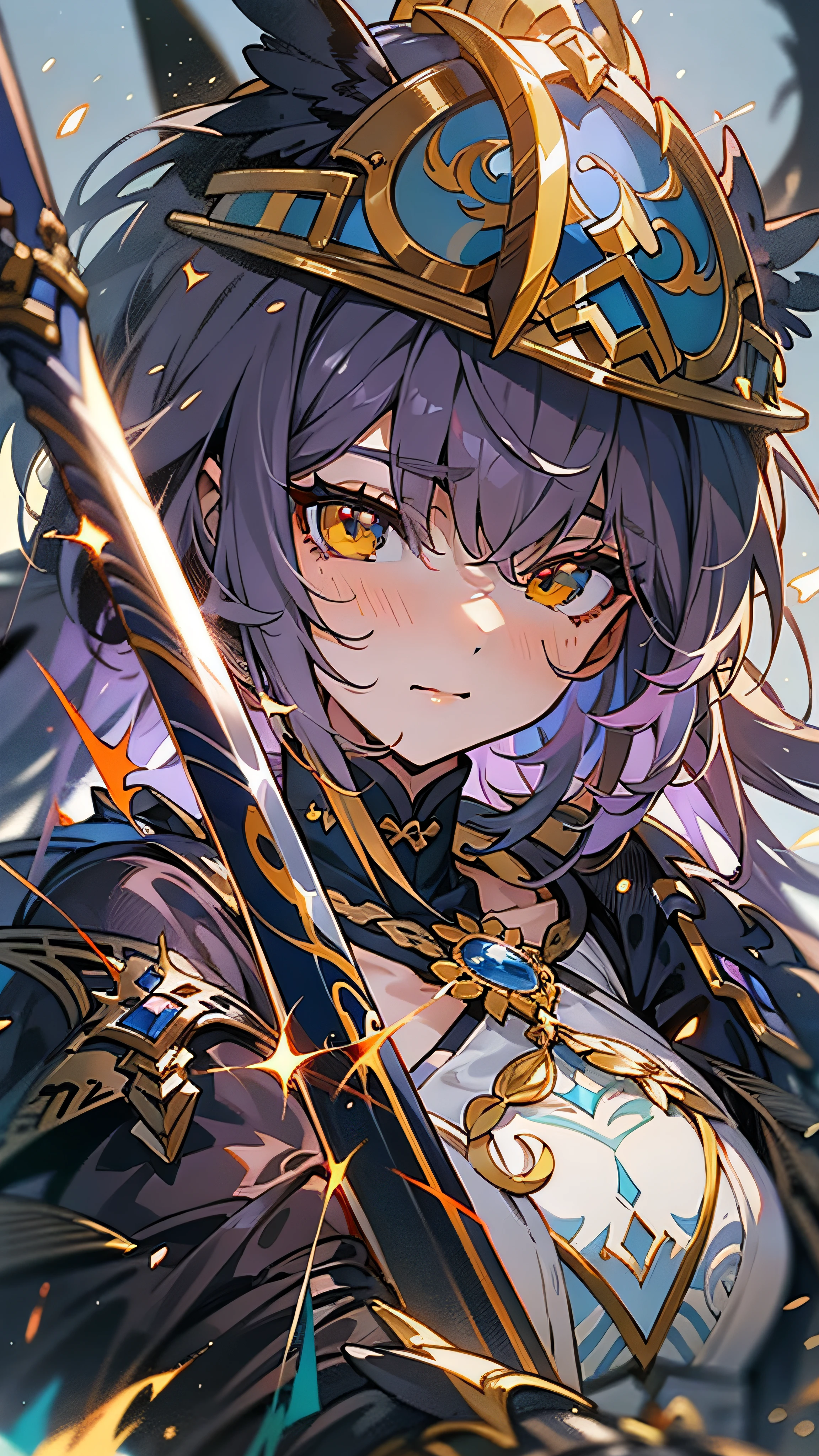 Anime figure，Dark villain，Beauty side face，Long hair flying，（golden headdress），Two teenage girls back to back，（Simple helmet）Spark ashes burn，The samurai held a sword, Wear contrasting armor, The whole picture of the witch and the witch skeleton,（standing full-body），（（Faraway view）），（HD8K），ultra-wide-angle，The background is gorgeous，the original god, demon anime girl, Angel anime girl，fantasy paladin man, Dragon Knight,Spread your black feathered wings，Mobile Genshin Impact, Anime 8 k, Anime fantasy illustration, Genshin Impact, Tough and cold character, Detailed key anime art, Ayaka Genshin impact, onmyoji portrait，Close-up of shooting random weapons, Comic book epic artwork, Epic fantasy digital art style,Epic fantasy art style, 8K high quality detailed art, Epic fantasy art style HD, Faraway view，Behind him，This is a golden glowing magic array。，Purify the flame，HD anime visuals，full portrait of magical knight