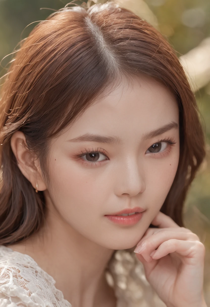 masutepiece,Best quality:1.4),(8K,photo RAW,Fotorrealista:1.2),(glowy skin),detailedskin,Detal Face,詳細な目,1girl in、The upper part of the body,extremely beautiful face,Brown hair、Stay outside、clear skies