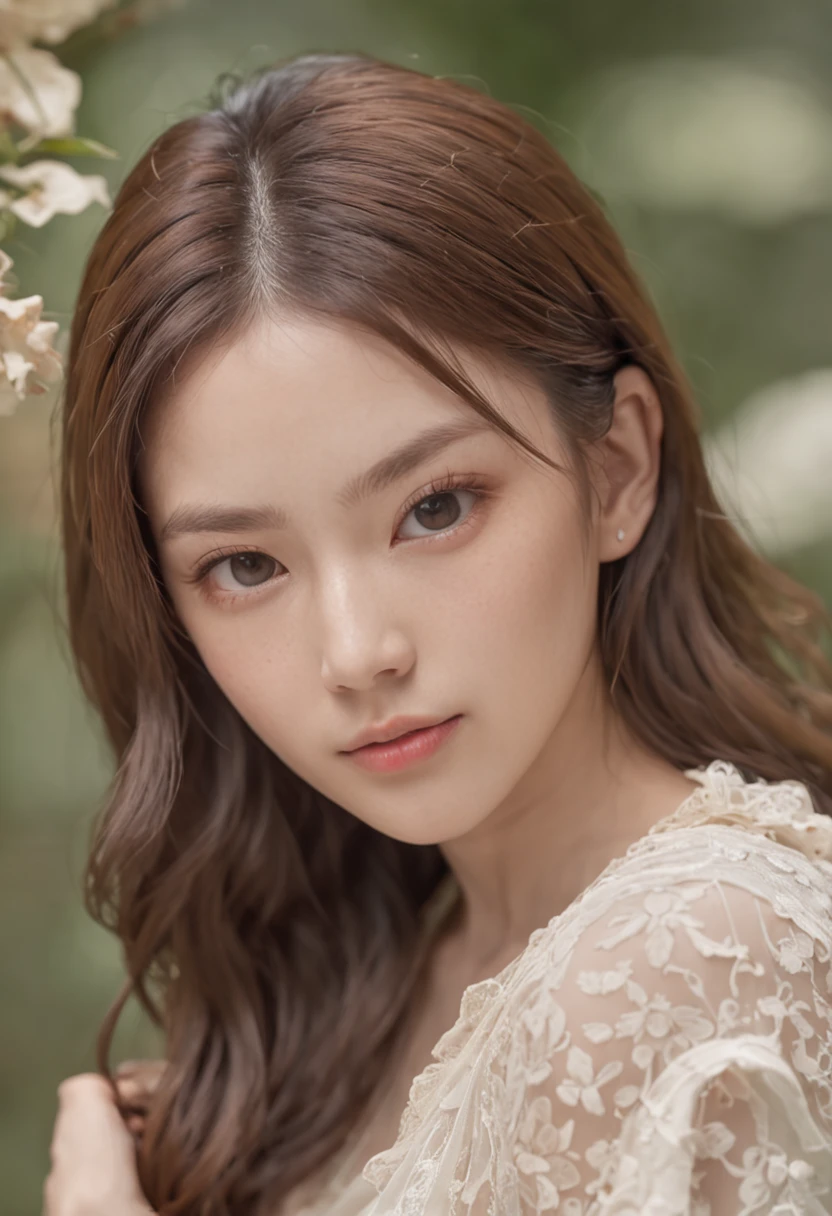 masutepiece,Best quality:1.4),(8K,photo RAW,Fotorrealista:1.2),(glowy skin),detailedskin,Detal Face,詳細な目,1girl in、The upper part of the body,extremely beautiful face,Brown hair、Stay outside、clear skies