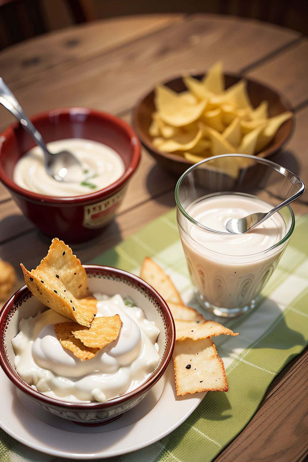 Spicy strips with potato chips and yogurt placed on the table HD bright