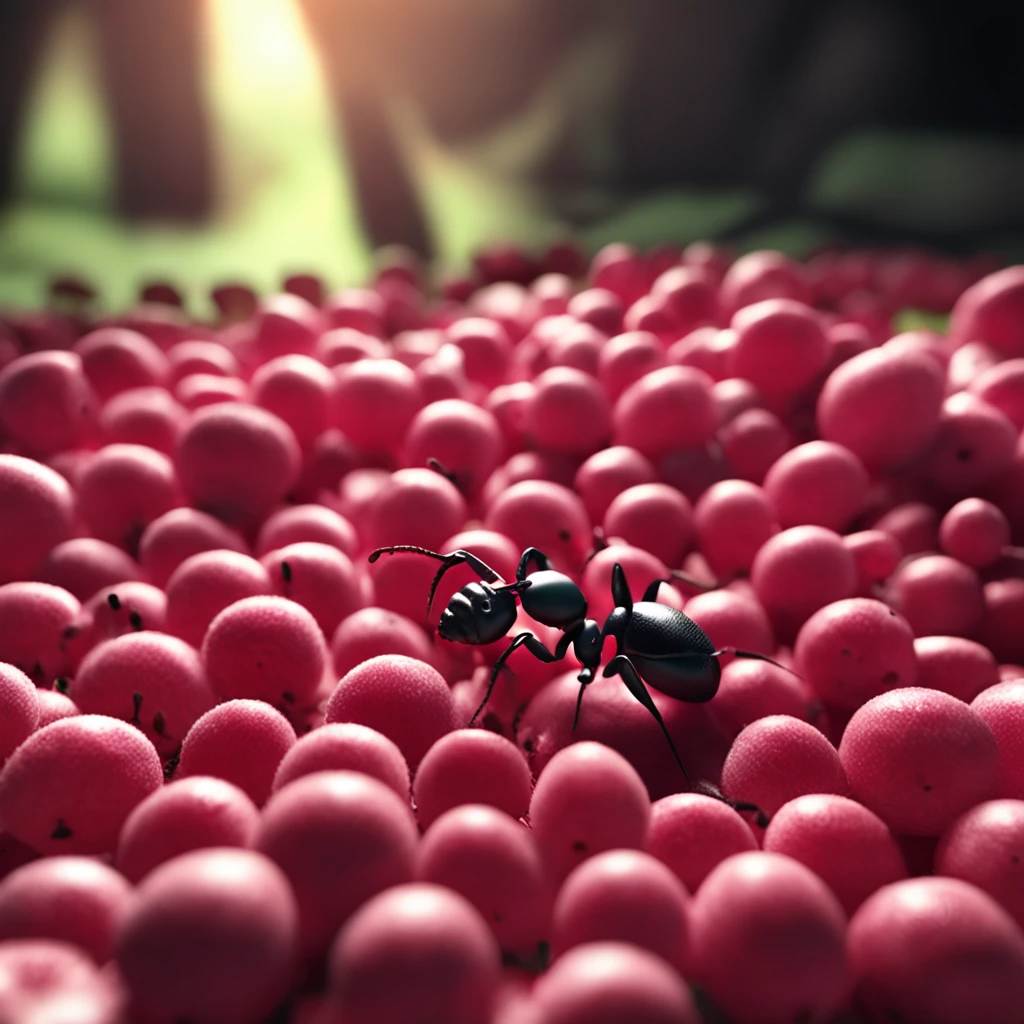 A black ant lies on a pile of raspberries,Dreamy light,High-angle lens shooting,photorealistic cinematic render, Cinematic 3D rendering, realistic cgi render, Depicted as a 3D rendering