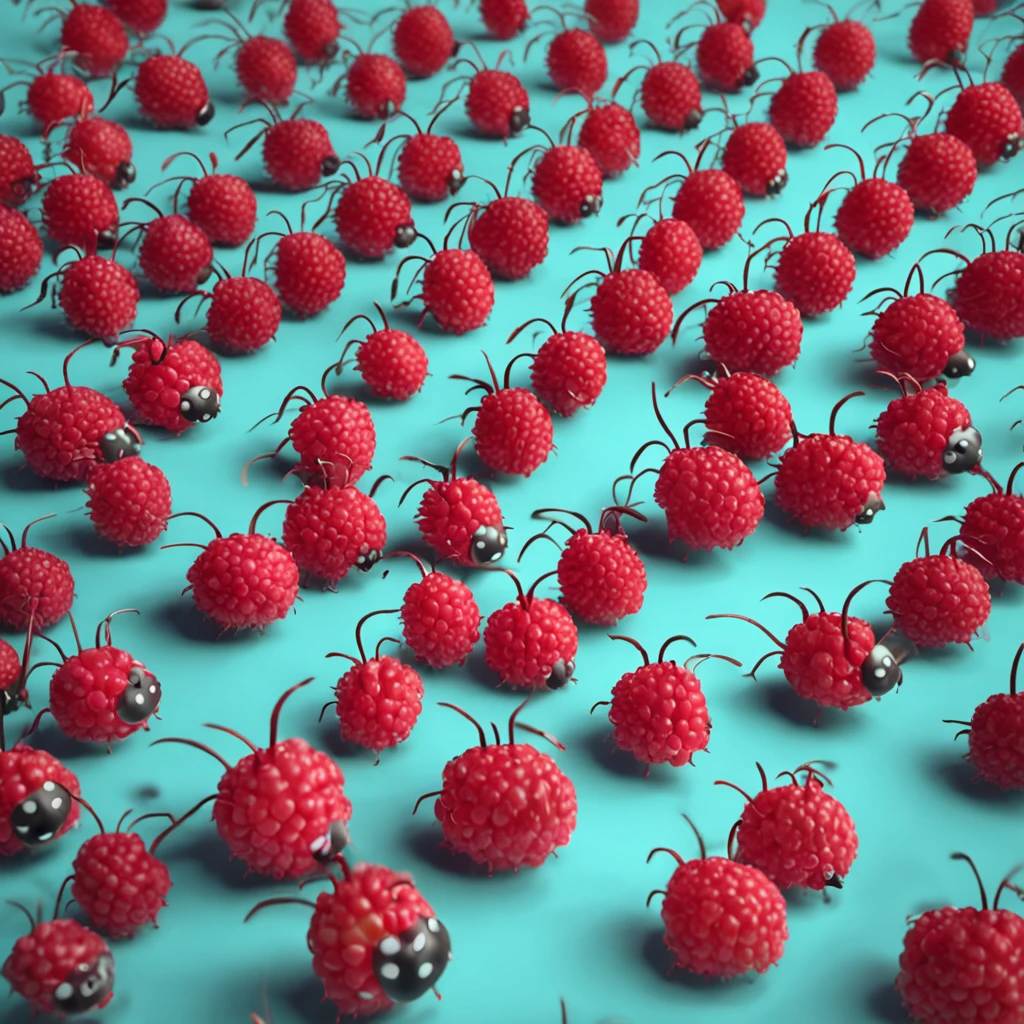 A black ant lies on a pile of raspberries,Dreamy light,High-angle lens shooting,photorealistic cinematic render, Cinematic 3D rendering, realistic cgi render, Depicted as a 3D rendering
