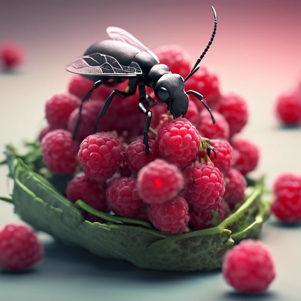 A black ant lies on a pile of raspberries,Dreamy light,High-angle lens shooting,photorealistic cinematic render, Cinematic 3D rendering, realistic cgi render, Depicted as a 3D rendering