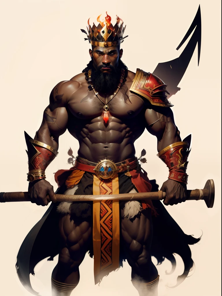 bits of color, Sketch book, hand drawn, dark, gritty, realistic sketch, Rough sketch, mix of bold dark lines and loose lines, bold lines, on paper, centered artwork, 2D vector, vivid red watercolor, turn around Character sheet, Full body, african tribal king, handsome Black Man, forte king, dungeon and dragons, Defined bulky muscles, African king clothes, crown of fire, flaming eyes, axes with neon lightning