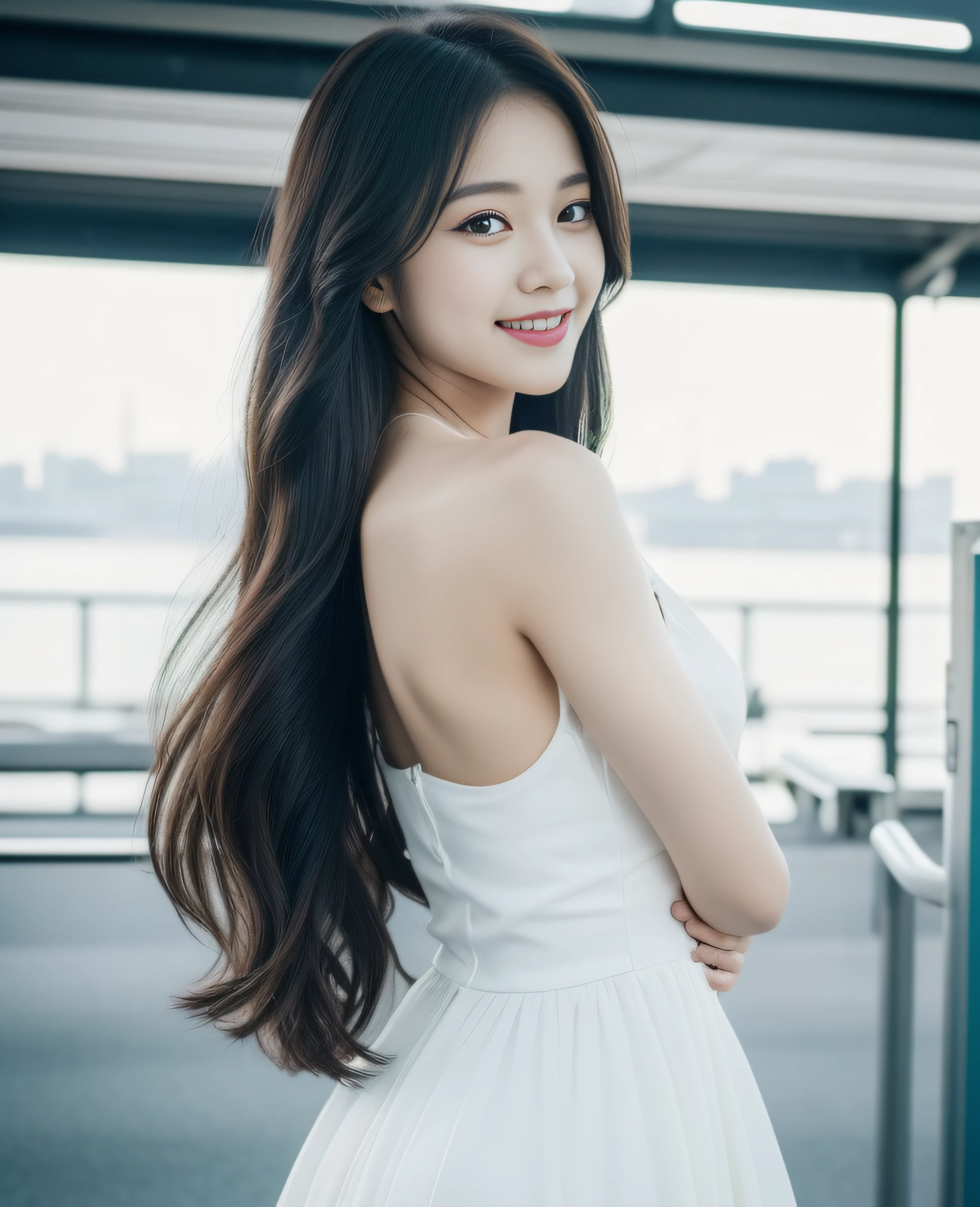 ((best quality, 8K, masterpiece: 1.3)), beautiful girl, pure, melon face, kind and cute, sweet smile, pure desire, slender body, (front), (tilted head), ((looking at camera)), wearing a white dress, long black silky hair, long flowing shoulders, round black big eyes, clear big eyes, moist red lips, sweet, standing, ferry terminal background, ((((whole body)))),