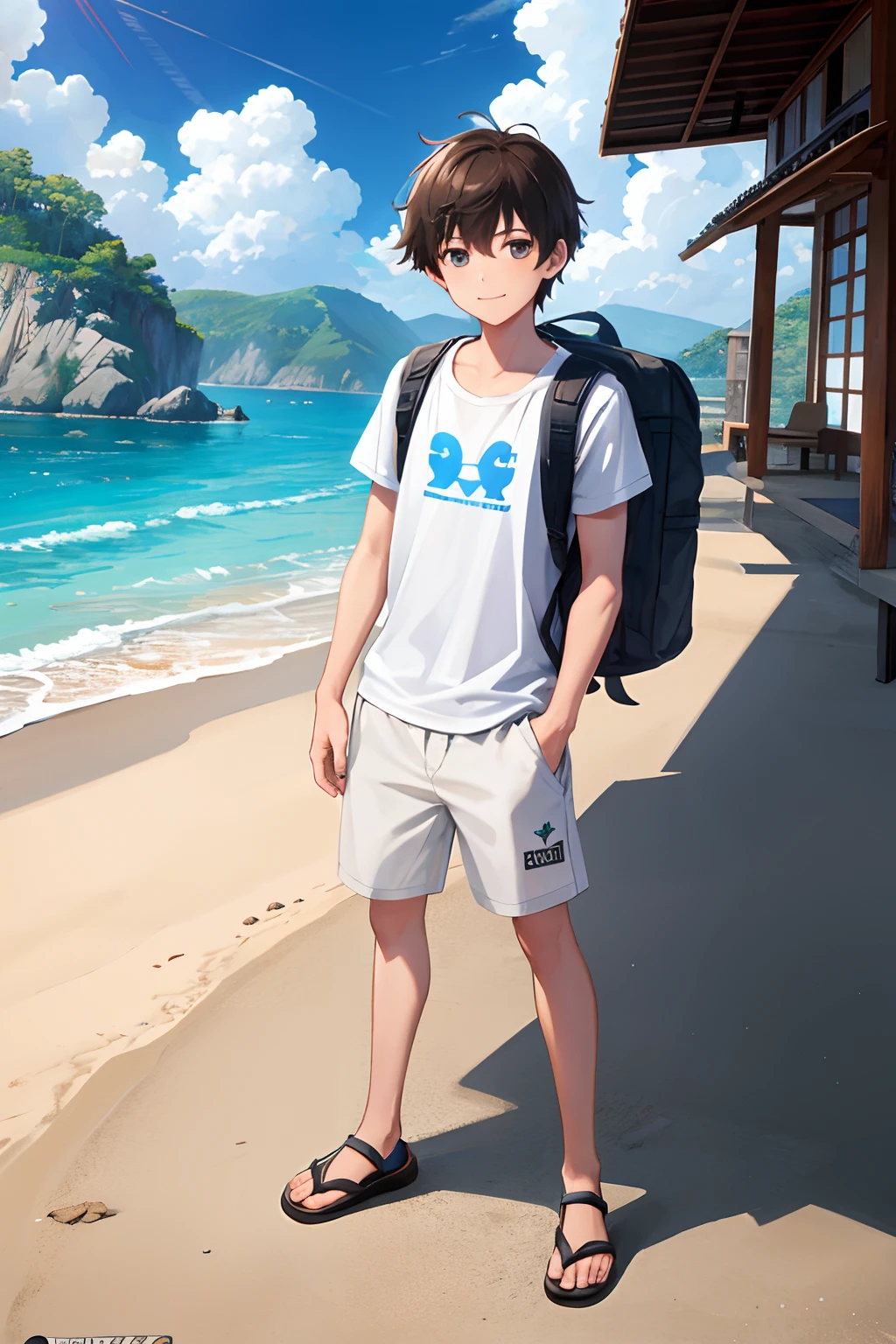 masterpiece, best quality, high resolution, extremely detailed, detailed background, cinematic lighting, 1boy, young man, looking at viewer, beach, white t-shirt, boxer shortpants , smile, wearing  backpack, (backpack:1.0), travel backpack, standing, fullbody, day, sunlight