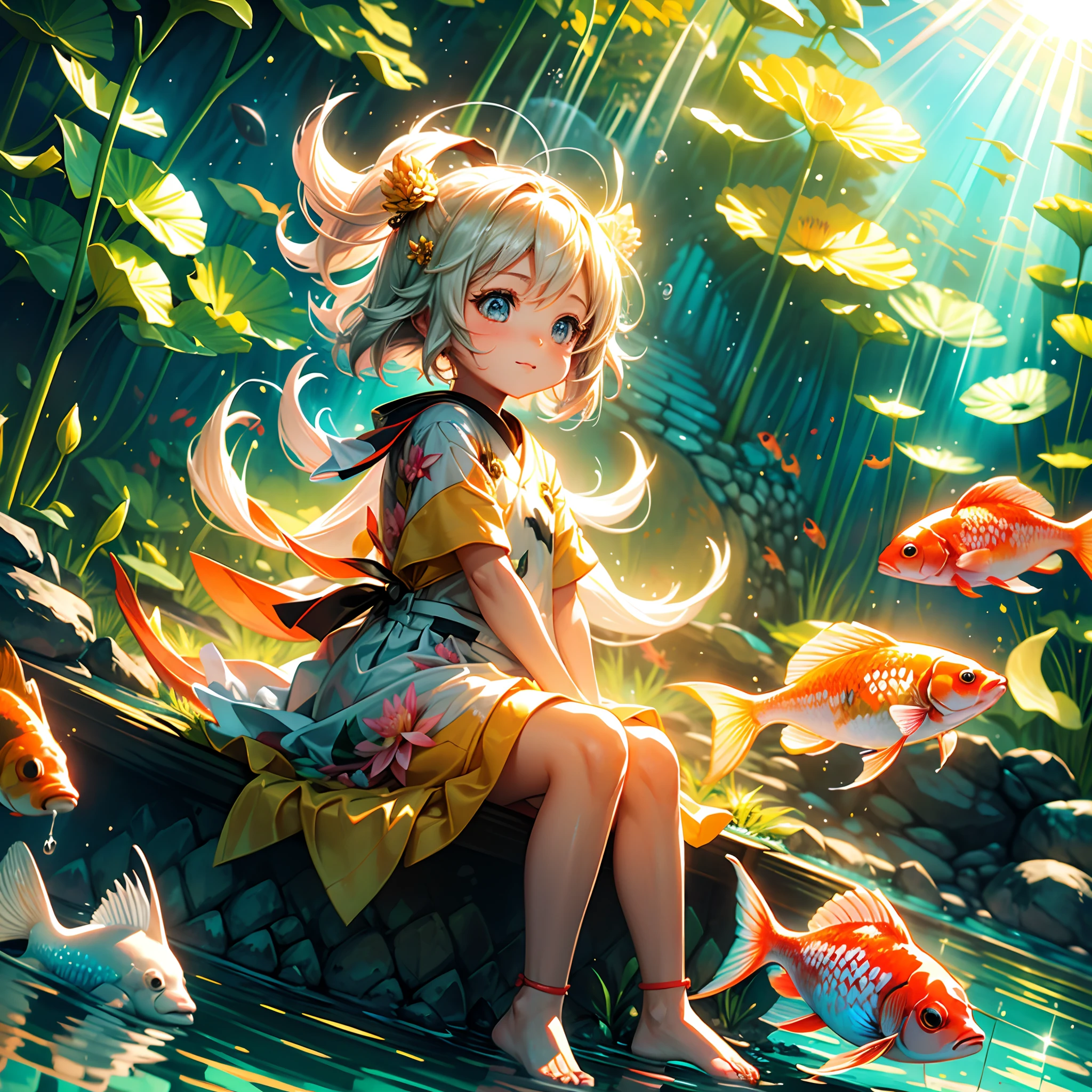 A sunny morning,the Sun Shining,a lovely kid giRide a giant koi fish to play in a pond overgrown with lotus flowers