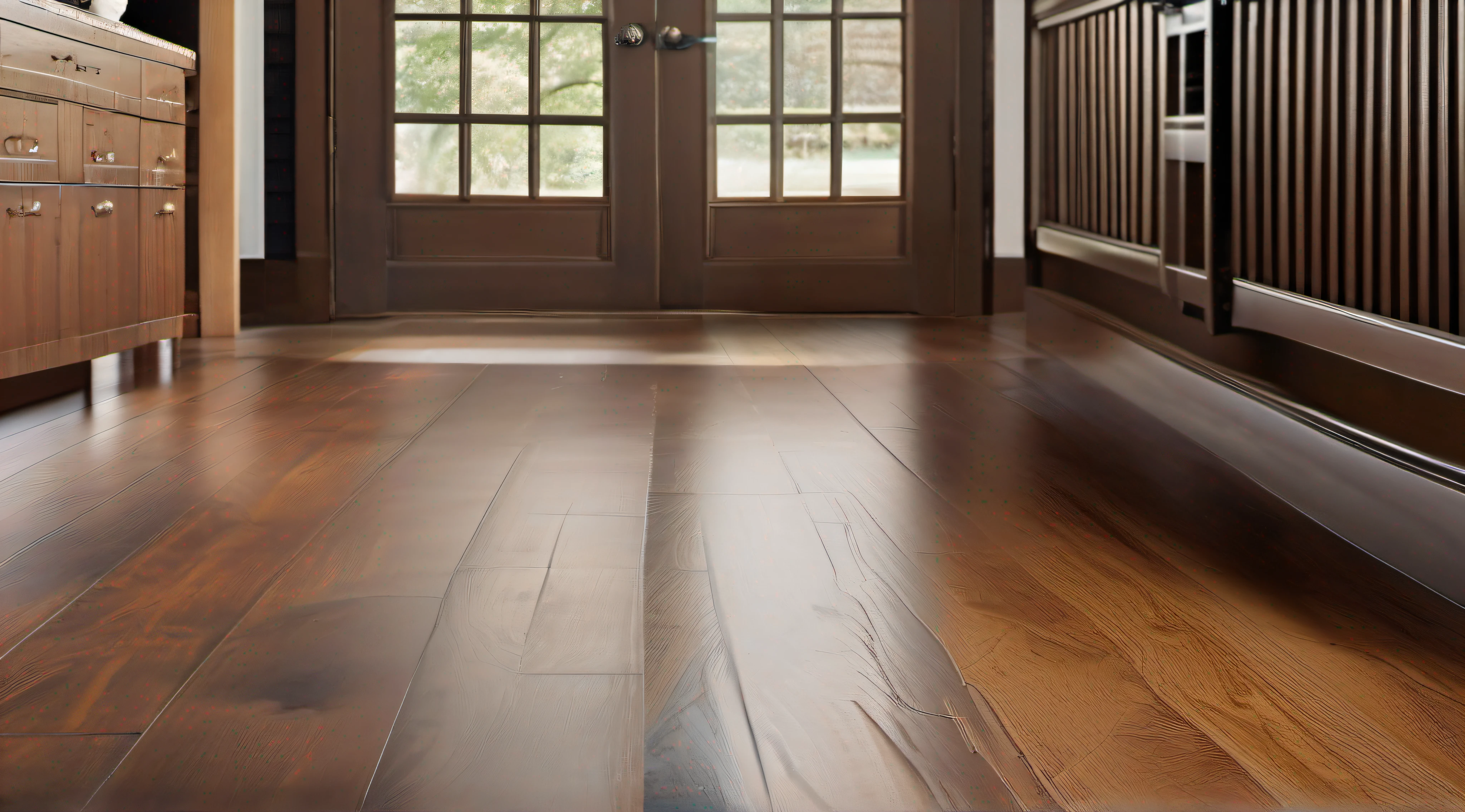 A photorealistic before-and-after social media graphic depicts worn, dull hardwood flooring transitioning into a lustrous, expertly restored version after a deep professional clean. The left half shows dirt in crevices of faded planks. The right reveals revitalized wood grain gleaming under the mop of a cleaner. The visual conveys unveiling the hidden beauty in your home through top-notch deep cleaning services.